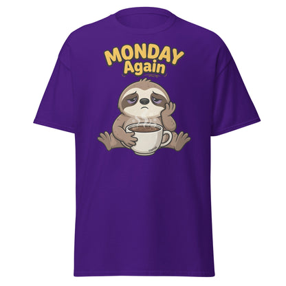 Monday Again Sloth Coffee T-Shirt Funny Lazy Tee - Purple - T-Shirts Online