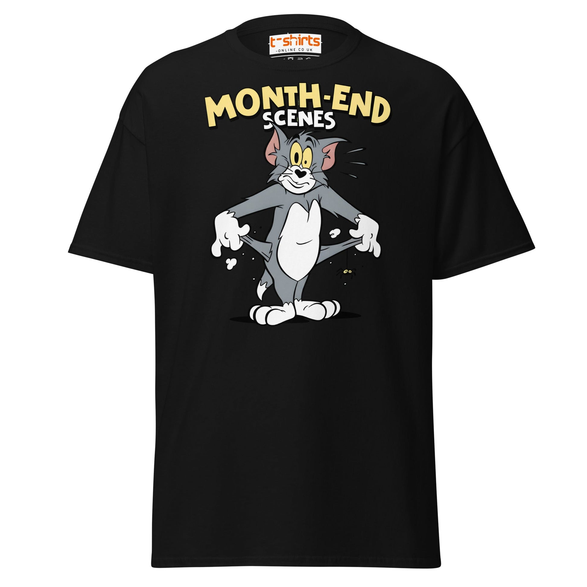Month - End Scenes Funny Cartoon Cat T-Shirt for Adults - Black - T-Shirts Online