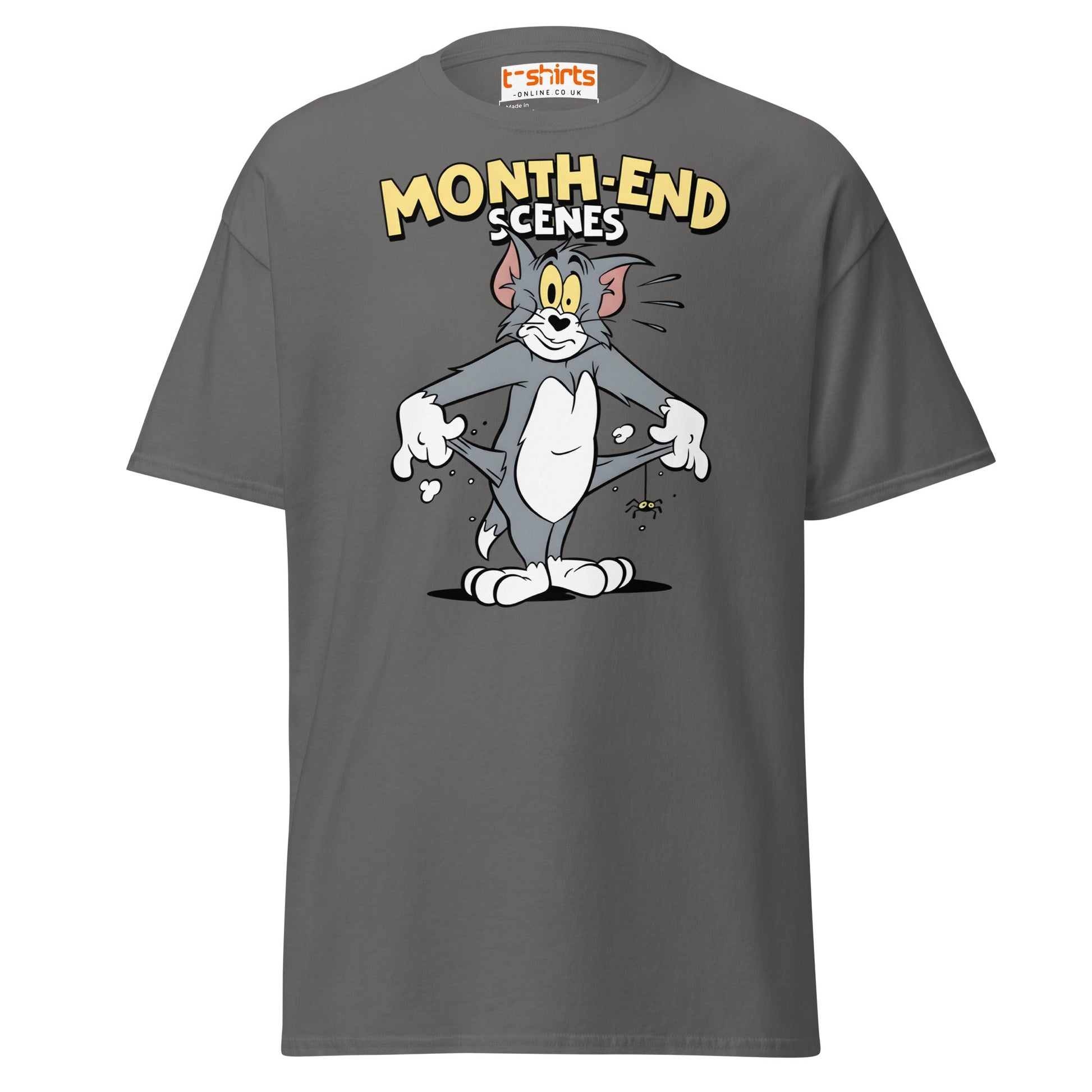 Month - End Scenes Funny Cartoon Cat T-Shirt for Adults - Charcoal - T-Shirts Online