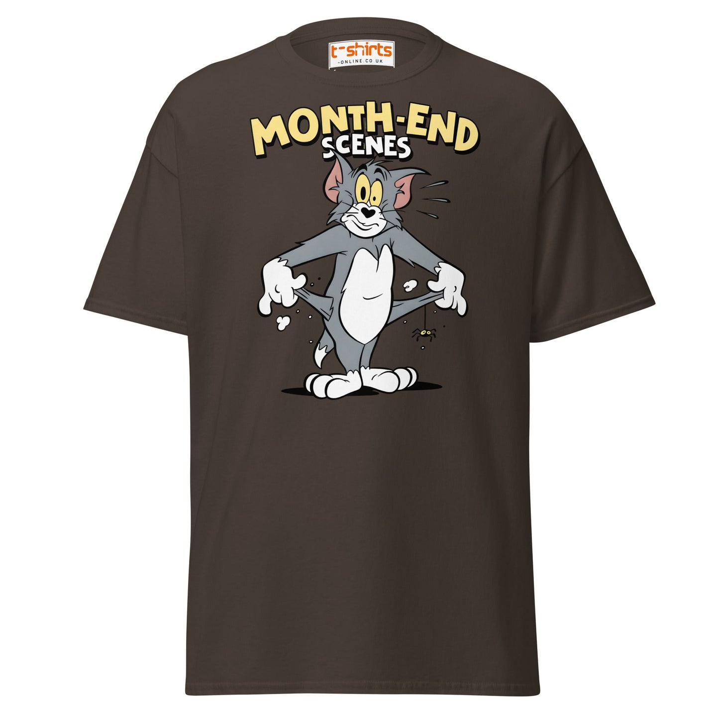 Month - End Scenes Funny Cartoon Cat T-Shirt for Adults - Dark Chocolate - T-Shirts Online