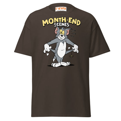 Month - End Scenes Funny Cartoon Cat T-Shirt for Adults - Dark Chocolate - T-Shirts Online