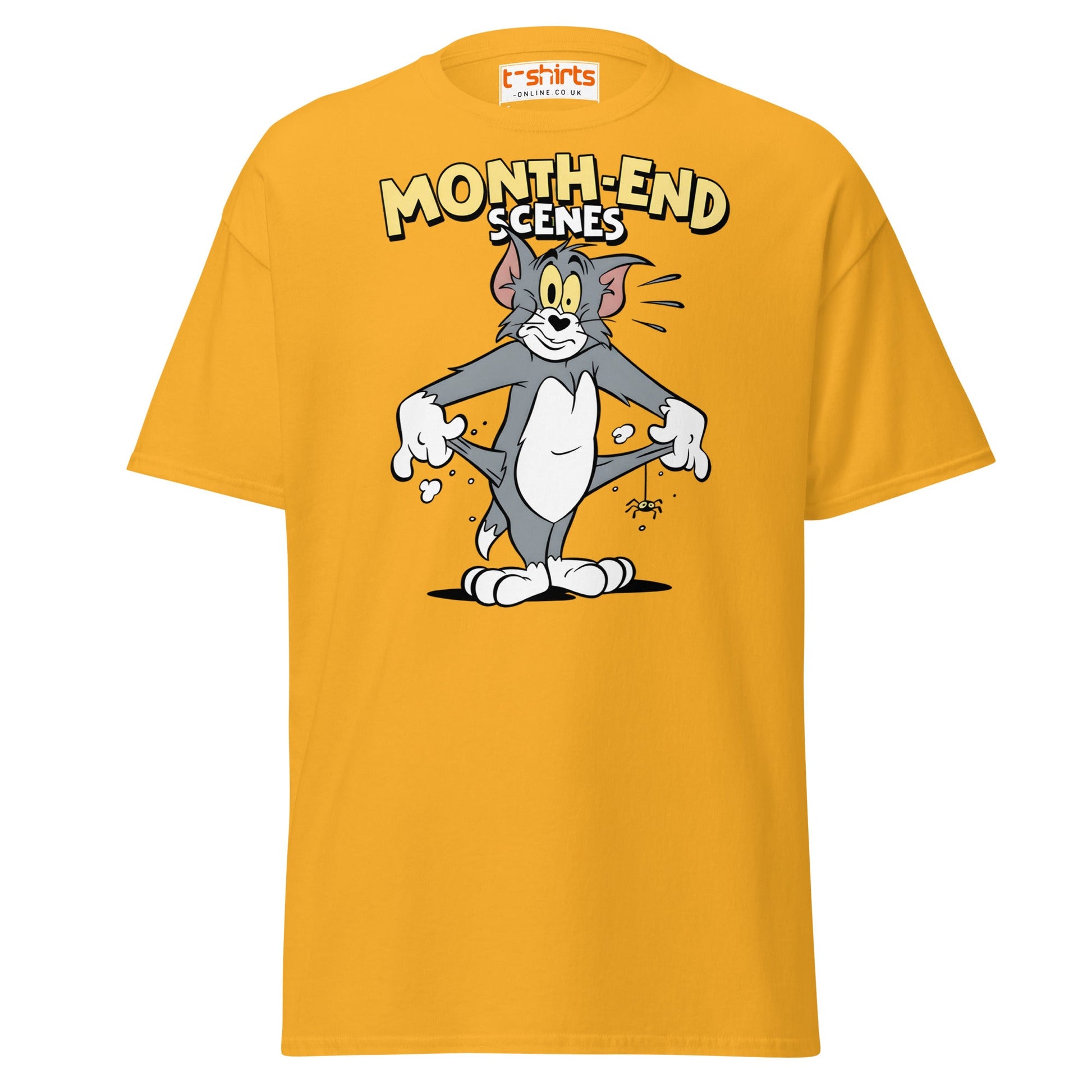 Month - End Scenes Funny Cartoon Cat T-Shirt for Adults - Gold - T-Shirts Online