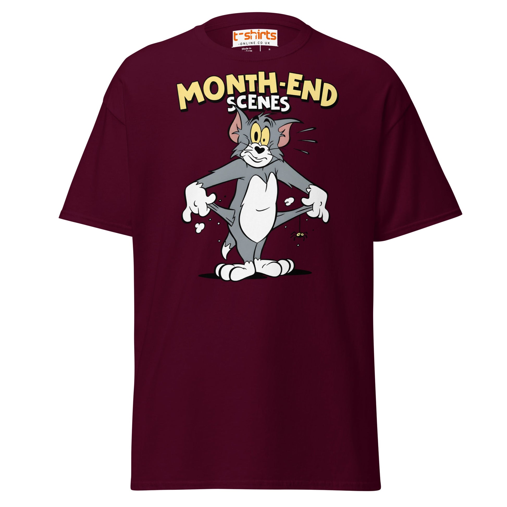 Month - End Scenes Funny Cartoon Cat T-Shirt for Adults - Maroon - T-Shirts Online