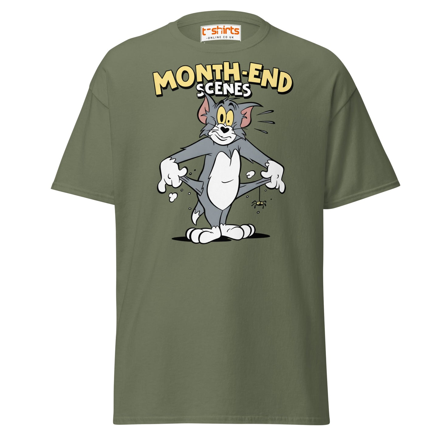 Month - End Scenes Funny Cartoon Cat T-Shirt for Adults - Military Green - T-Shirts Online
