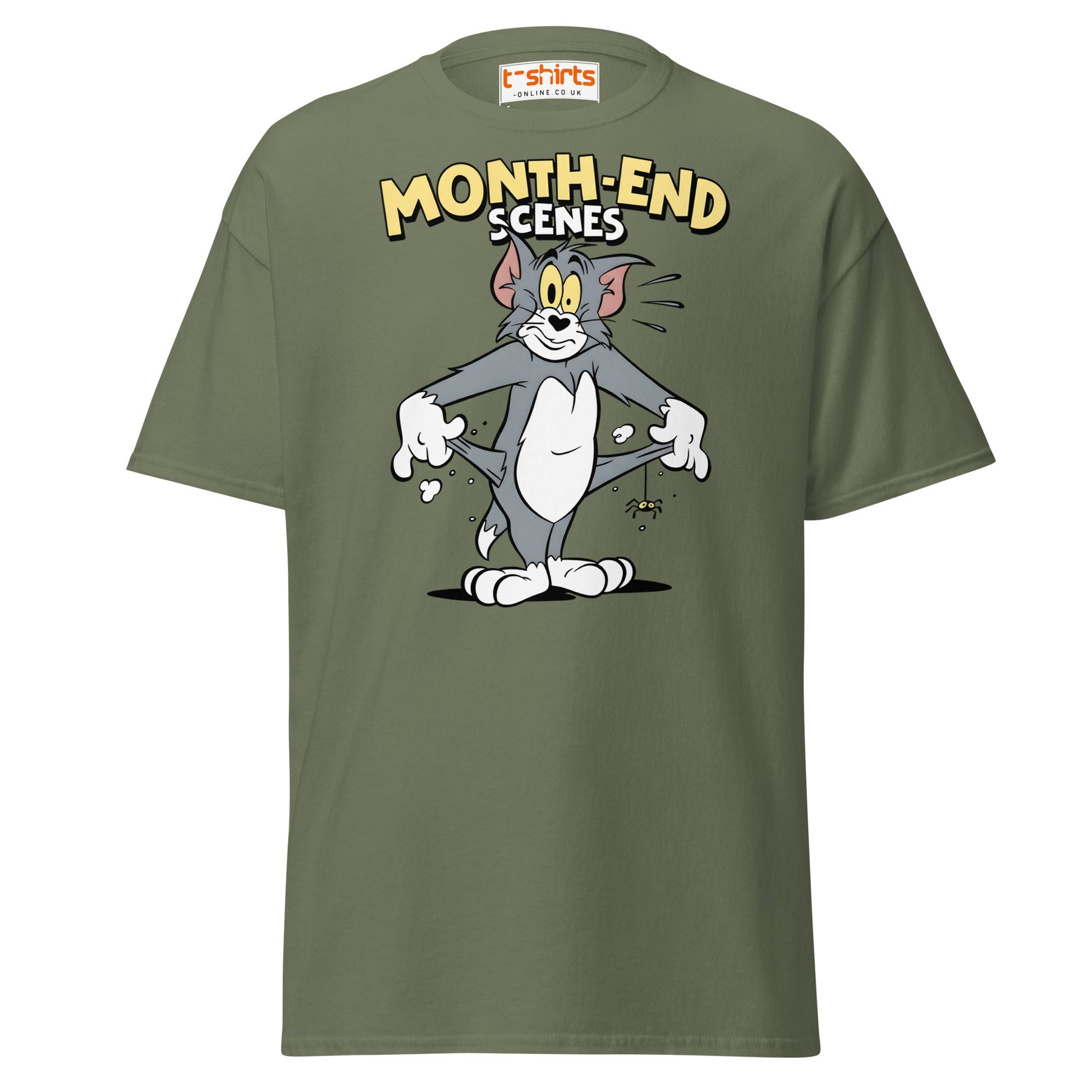 Month - End Scenes Funny Cartoon Cat T-Shirt for Adults - Military Green - T-Shirts Online