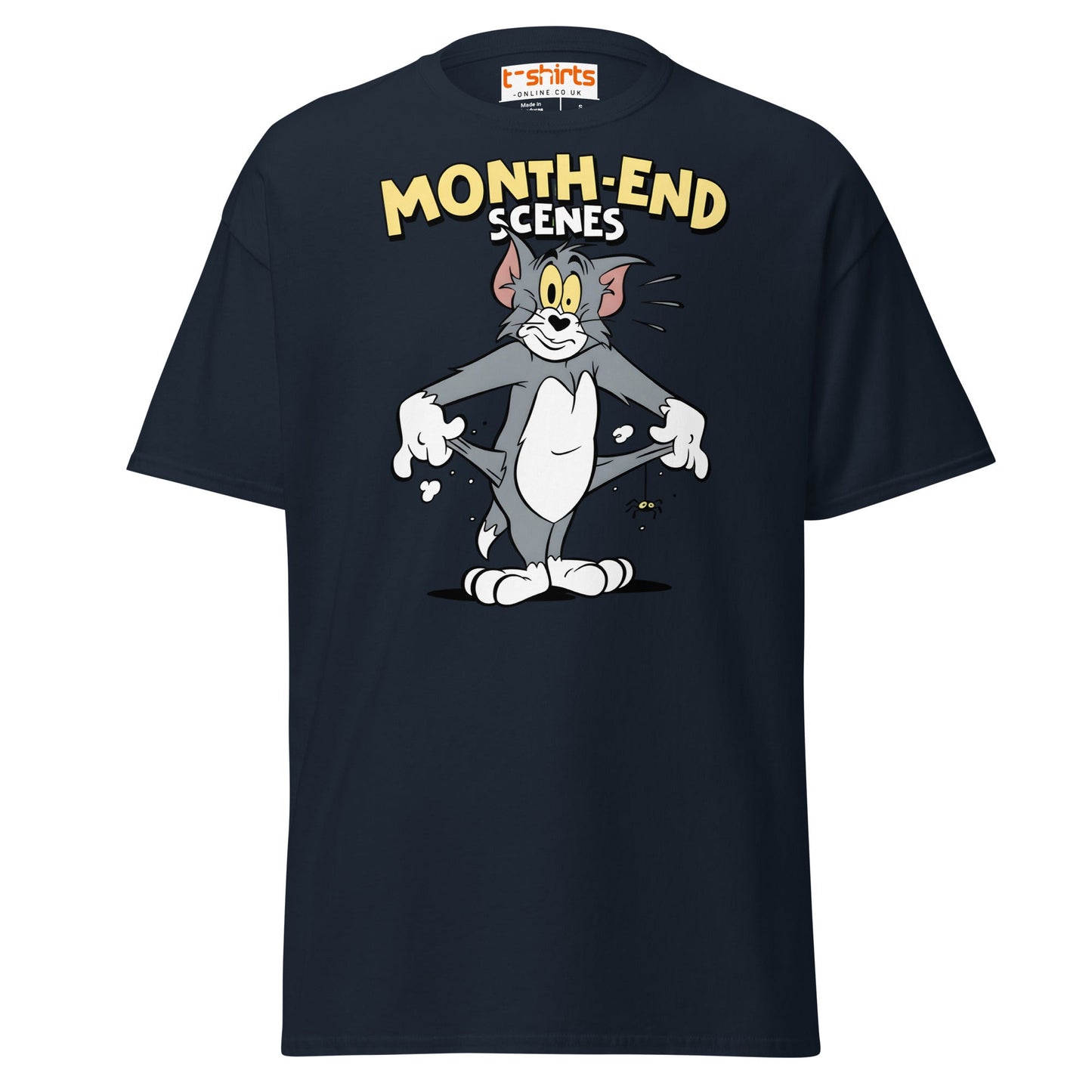 Month - End Scenes Funny Cartoon Cat T-Shirt for Adults - Navy - T-Shirts Online