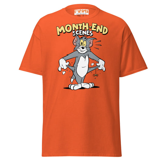 Month - End Scenes Funny Cartoon Cat T-Shirt for Adults - Orange - T-Shirts Online