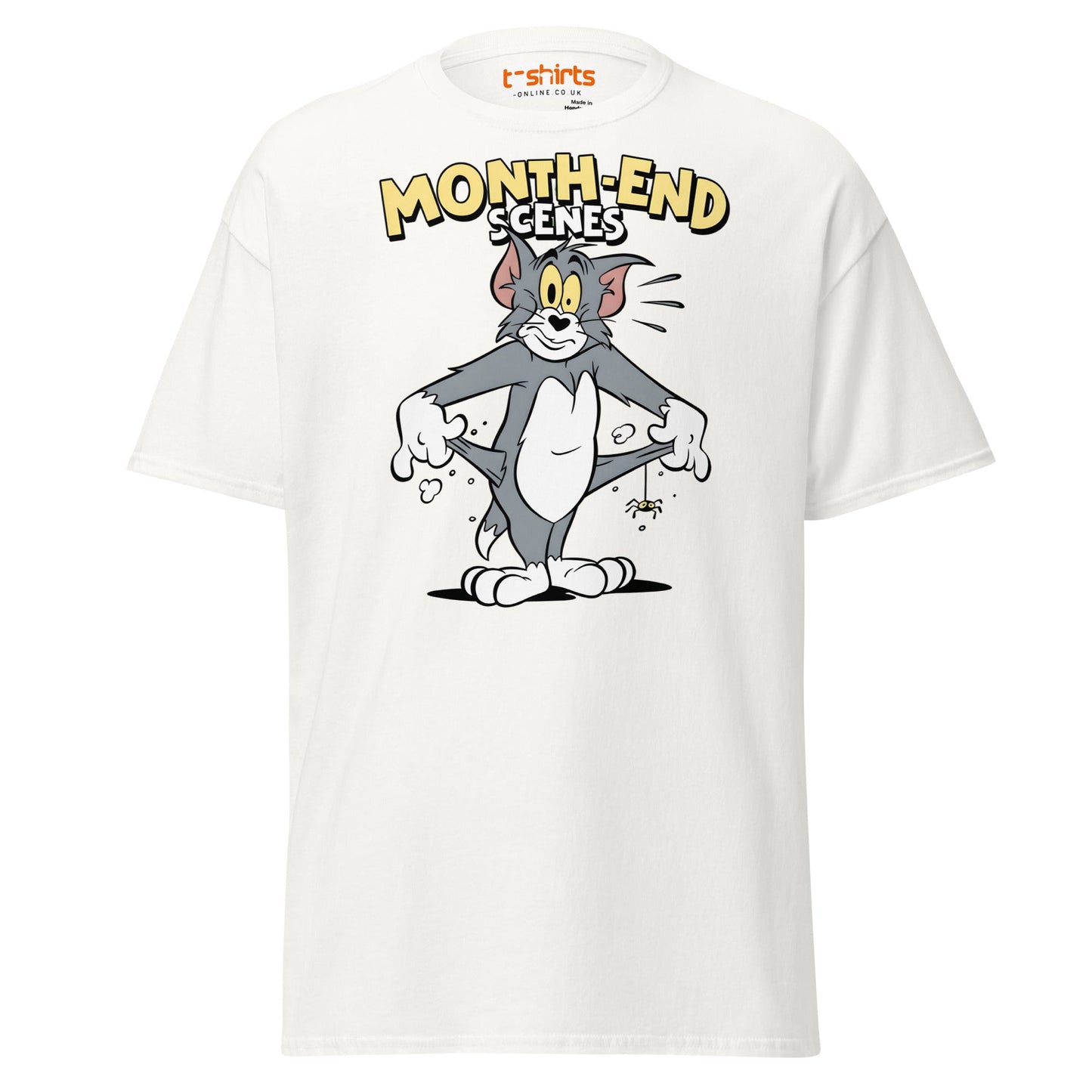 Month - End Scenes Funny Cartoon Cat T-Shirt for Adults - White - T-Shirts Online