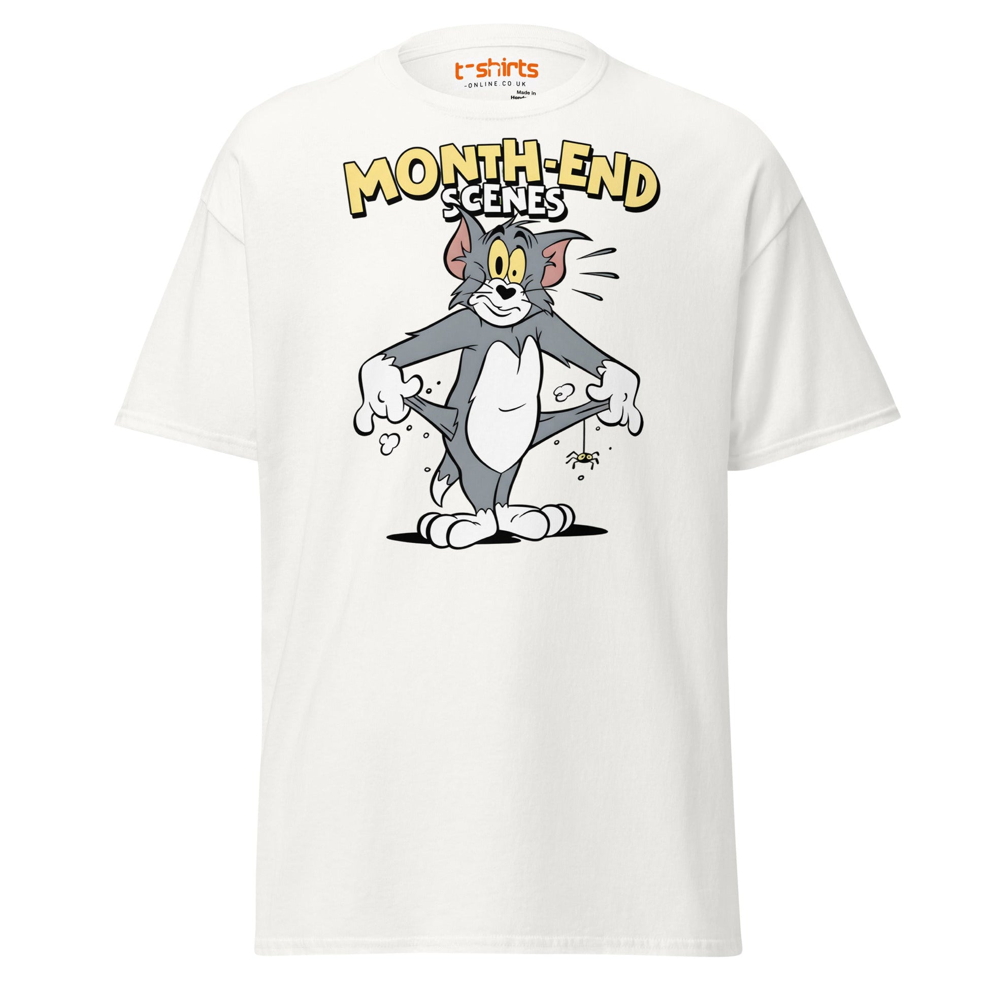 Month - End Scenes Funny Cartoon Cat T-Shirt for Adults - White - T-Shirts Online