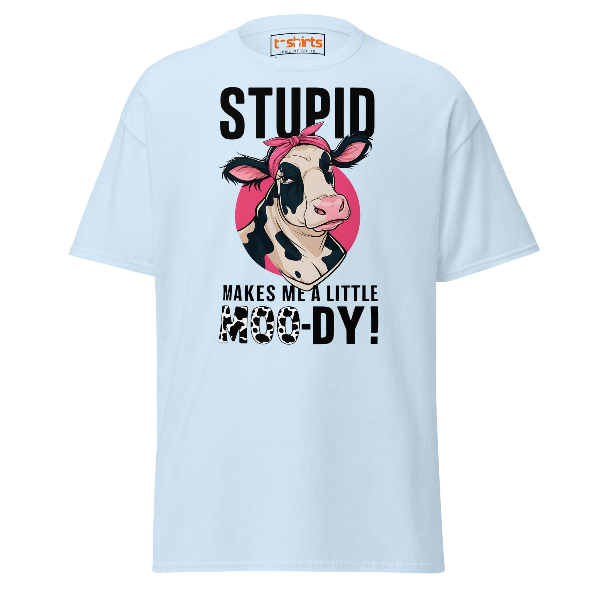 Moody Cow T-Shirt | Funny Farm Animal Humor Tee - Light Blue - T-Shirts Online