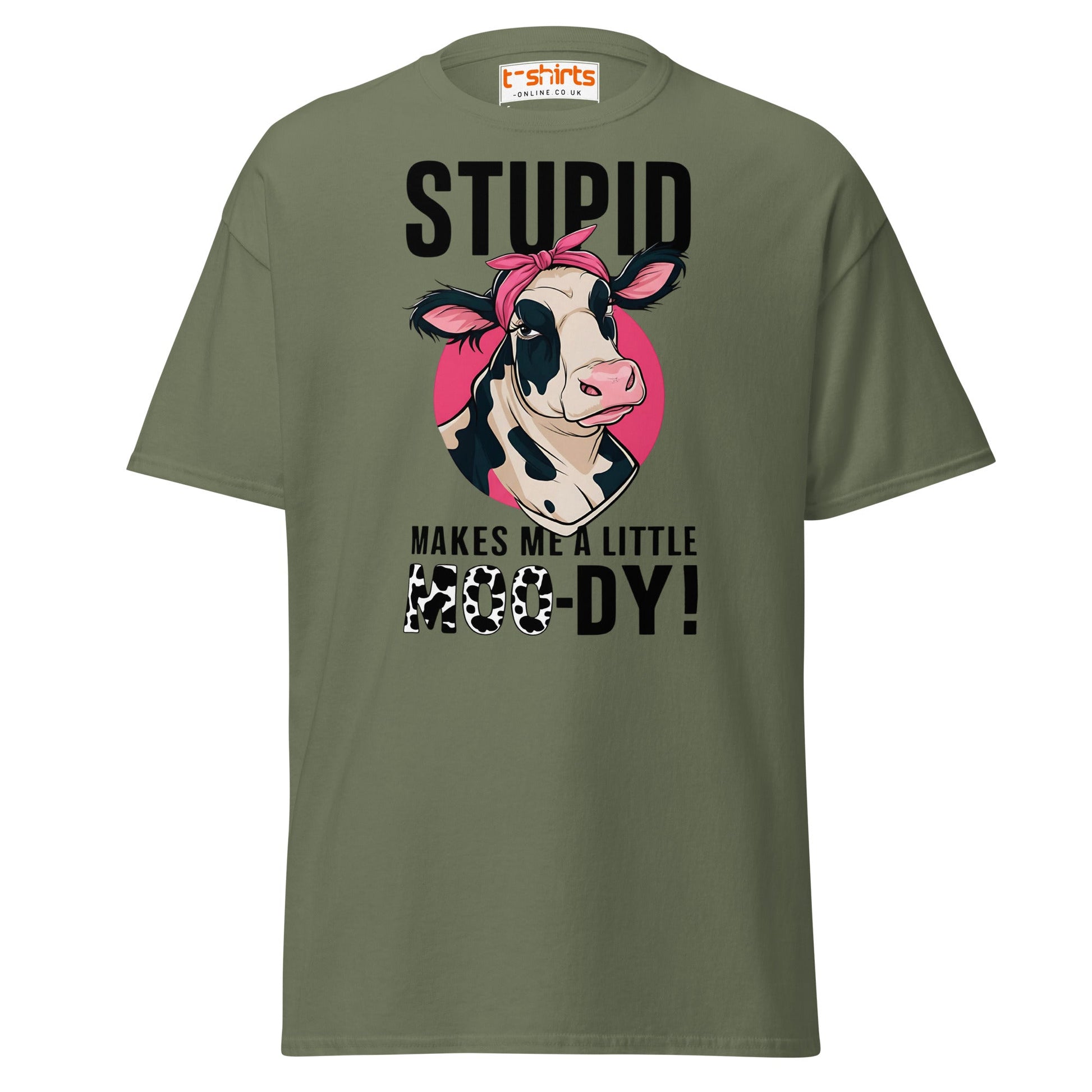 Moody Cow T-Shirt | Funny Farm Animal Humor Tee - Military Green - T-Shirts Online