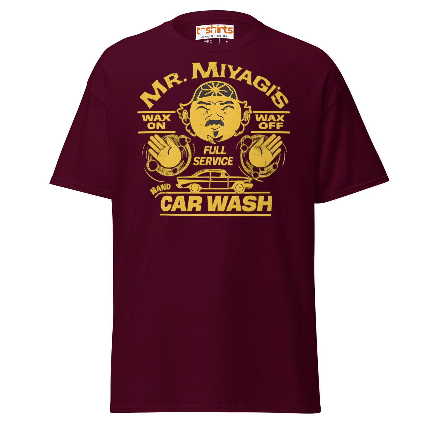 Mr. Miyagi’s Car Wash T-Shirt – Funny Retro Wax On Tee - Maroon - T-Shirts Online