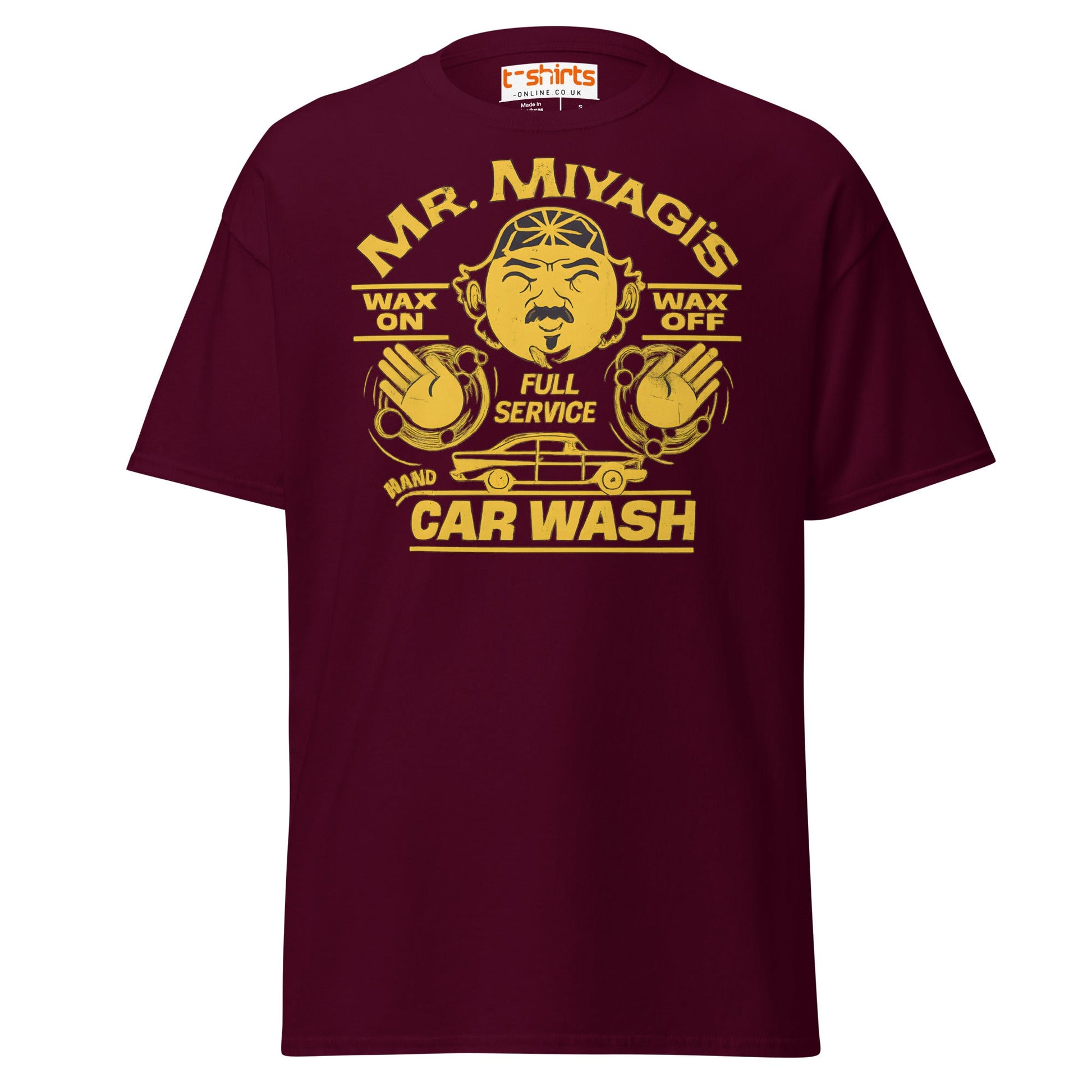 Mr. Miyagi’s Car Wash T-Shirt – Funny Retro Wax On Tee - Maroon - T-Shirts Online