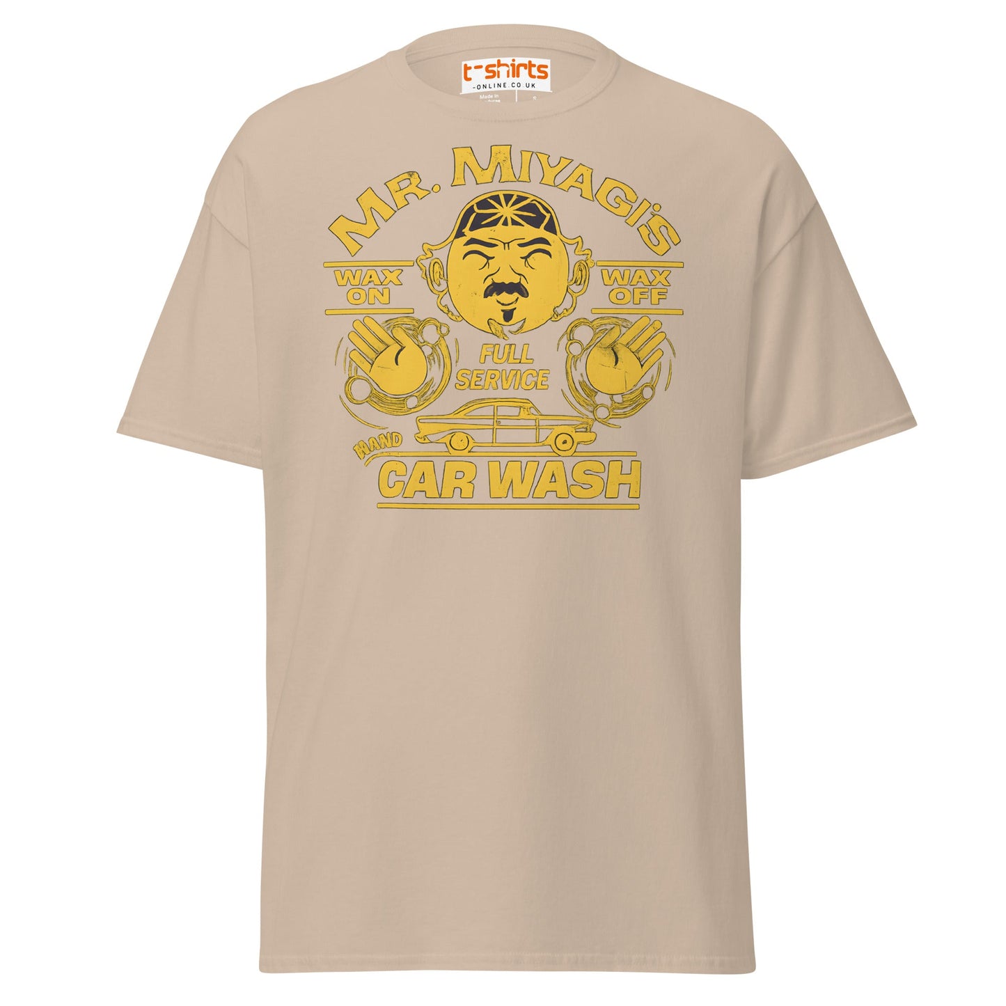 Mr. Miyagi’s Car Wash T-Shirt – Funny Retro Wax On Tee - Sand - T-Shirts Online