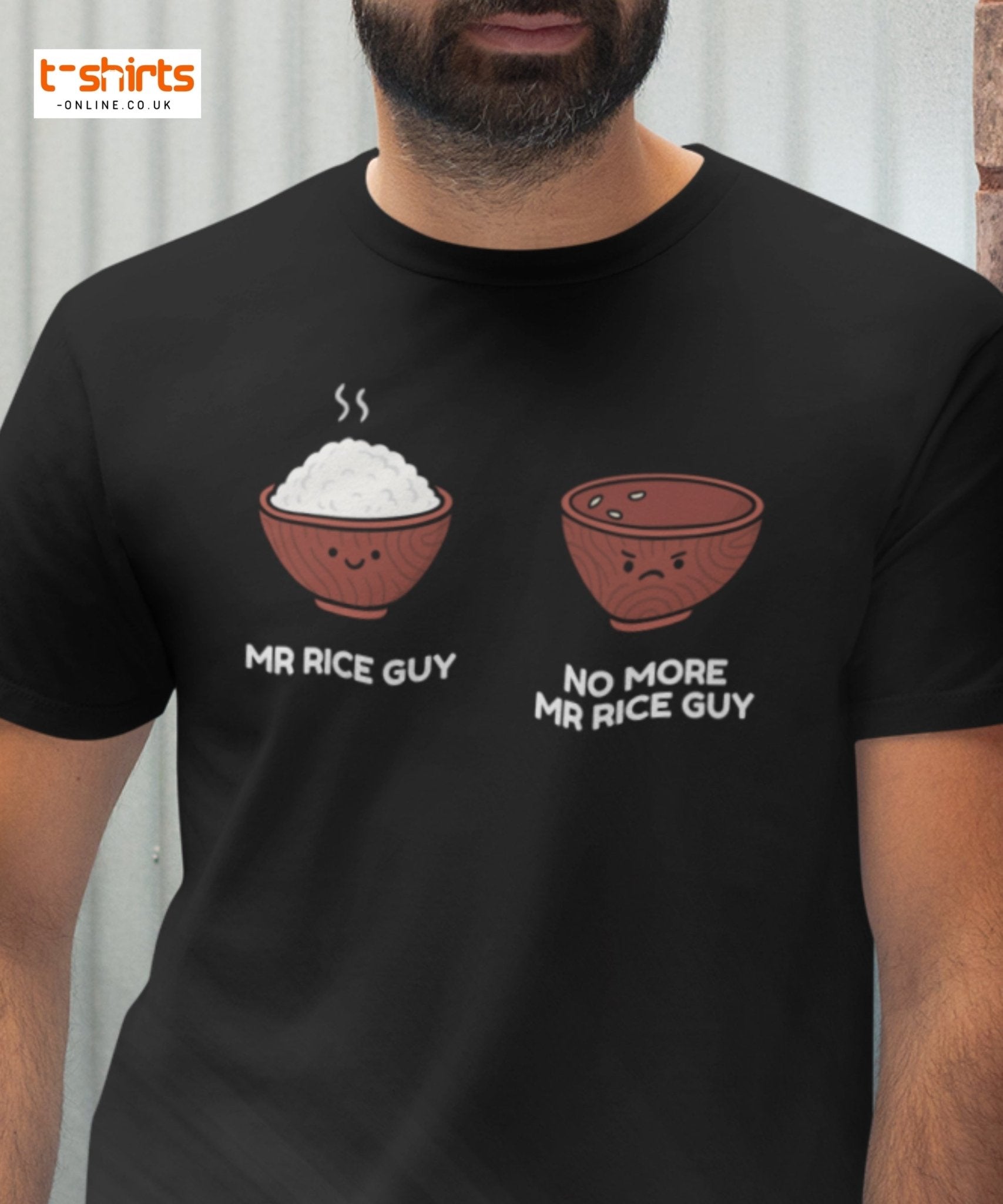 Black t-shirt with 'Mr Rice Guy' and 'No More Mr Rice Guy' design on a plain background