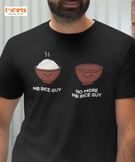 Black t-shirt with 'Mr Rice Guy' and 'No More Mr Rice Guy' design on a plain background