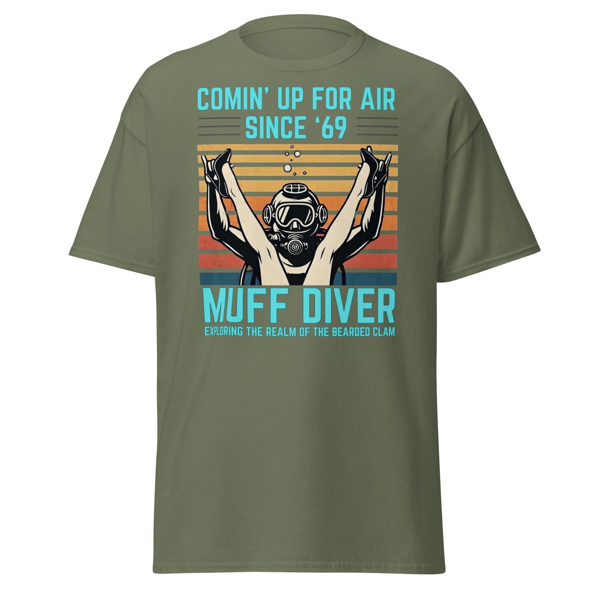 Muff Diver Retro Scuba T-Shirt - Funny Adult Humor Tee - Military Green - T-Shirts Online