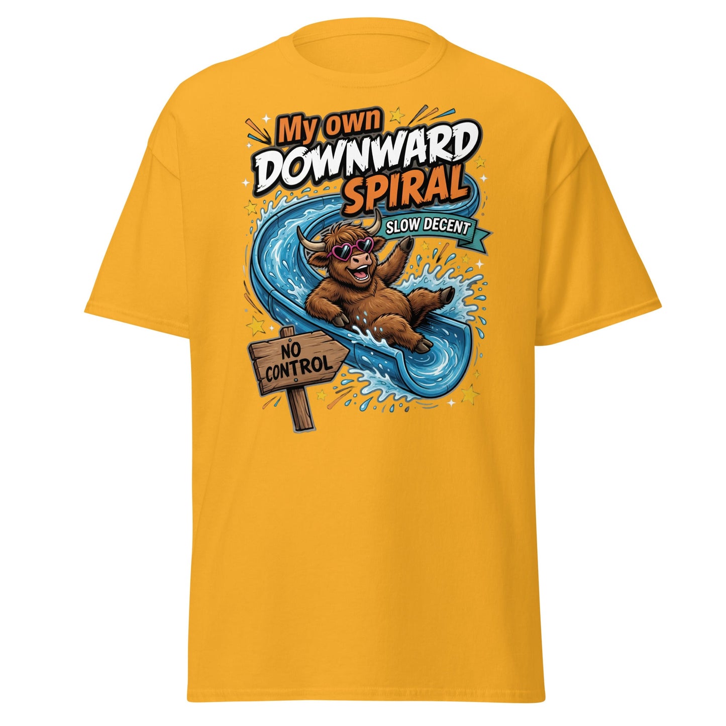 My Own Downward Spiral Funny Cow T-Shirt – Slow Decent Tee - Gold - T-Shirts Online