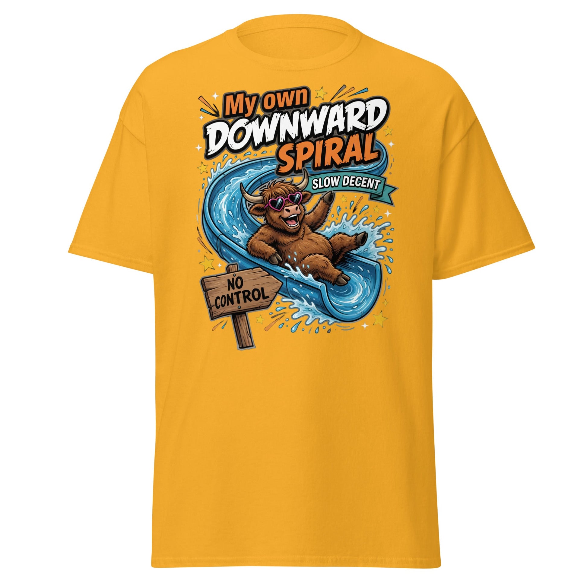 My Own Downward Spiral Funny Cow T-Shirt – Slow Decent Tee - Gold - T-Shirts Online