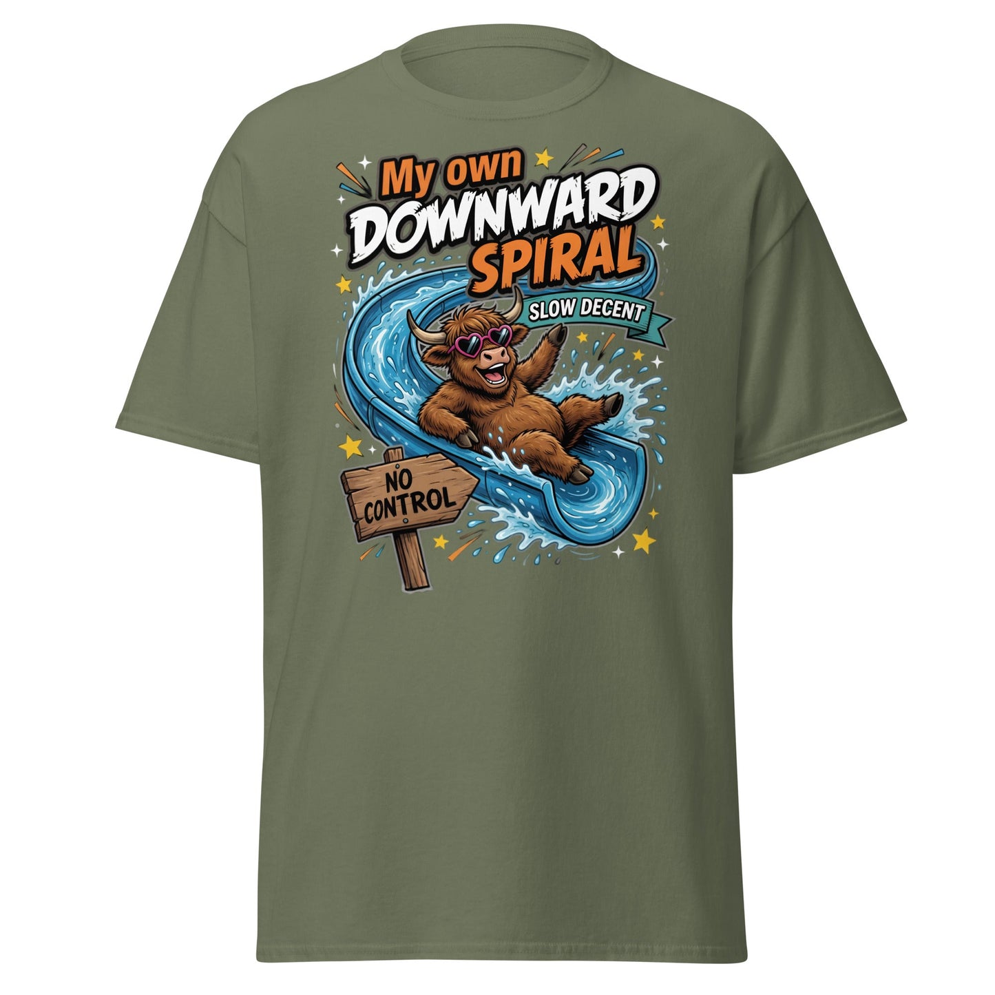 My Own Downward Spiral Funny Cow T-Shirt – Slow Decent Tee - Military Green - T-Shirts Online