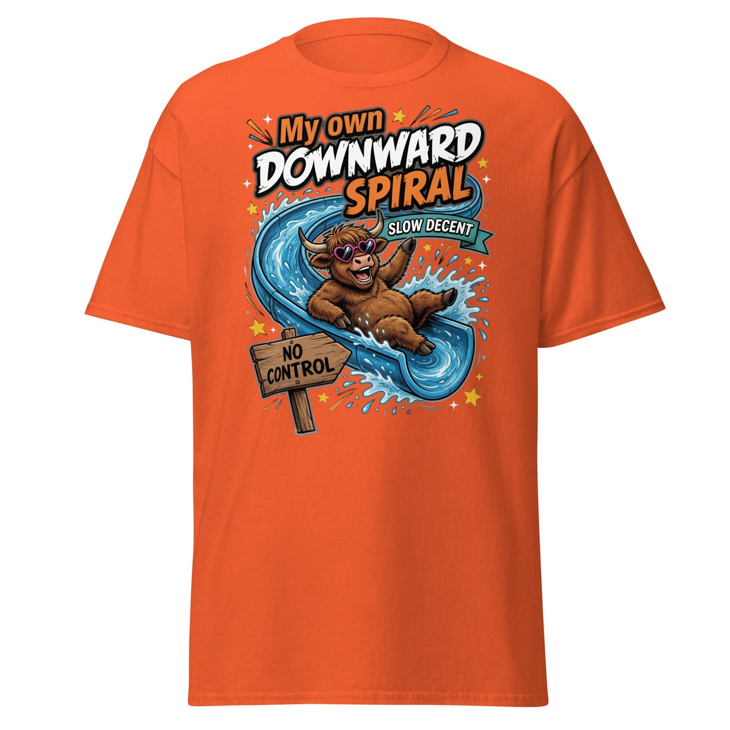 My Own Downward Spiral Funny Cow T-Shirt – Slow Decent Tee - Orange - T-Shirts Online