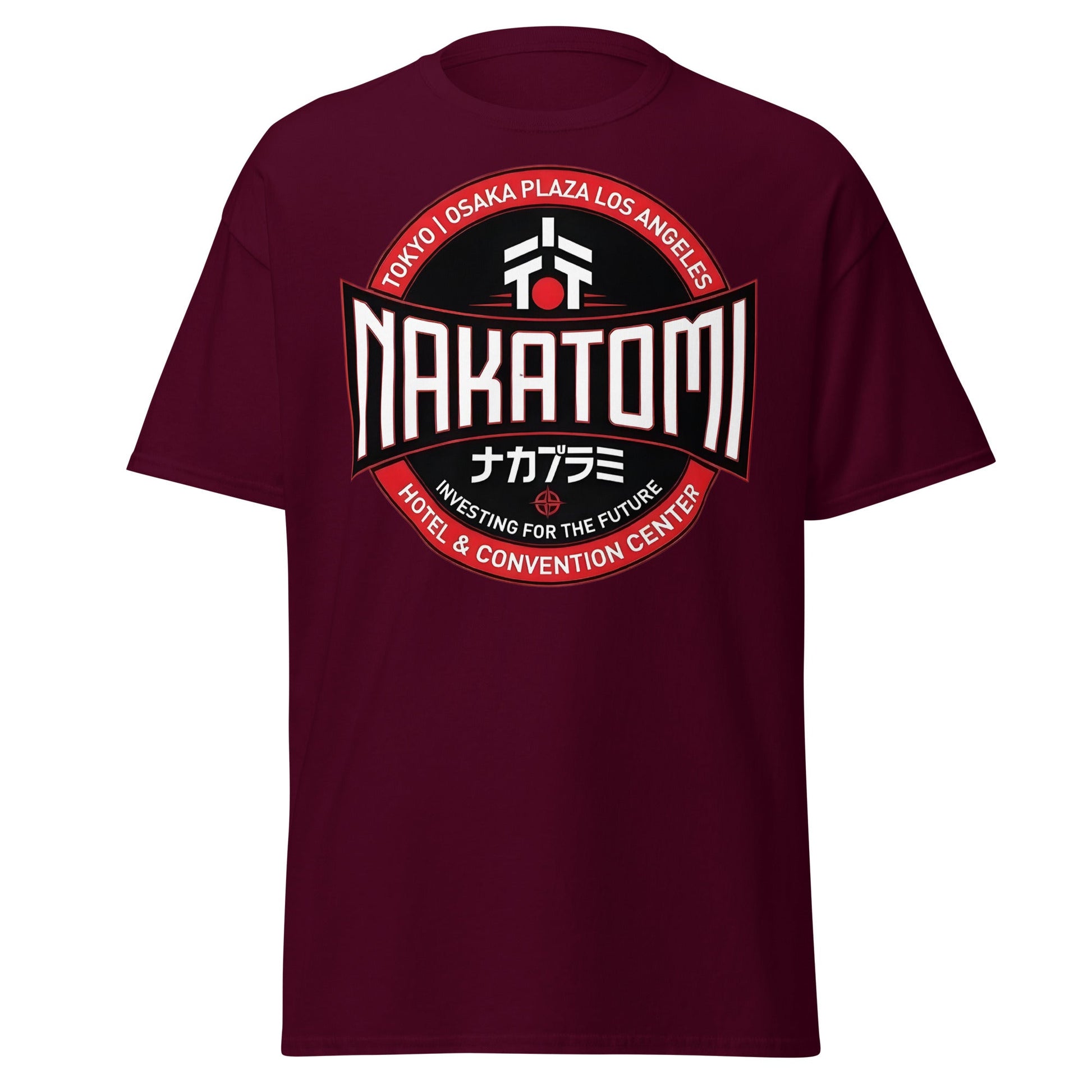 Nakatomi Plaza T-Shirt - Iconic 80s Action Movie Fan Tee - Maroon - T-Shirts Online