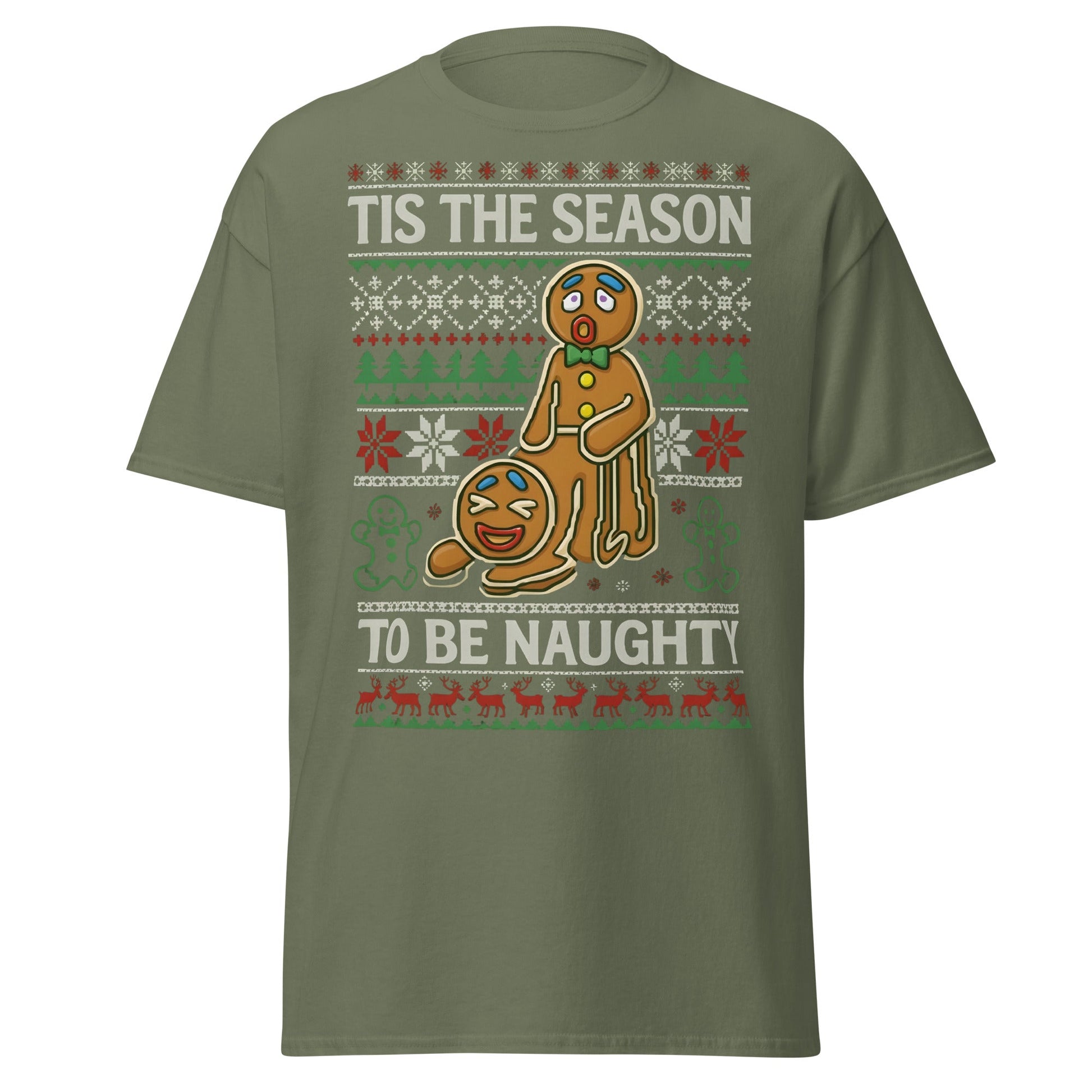 Naughty Gingerbread Men Ugly Christmas Sweater T-Shirt - Military Green - T-Shirts Online
