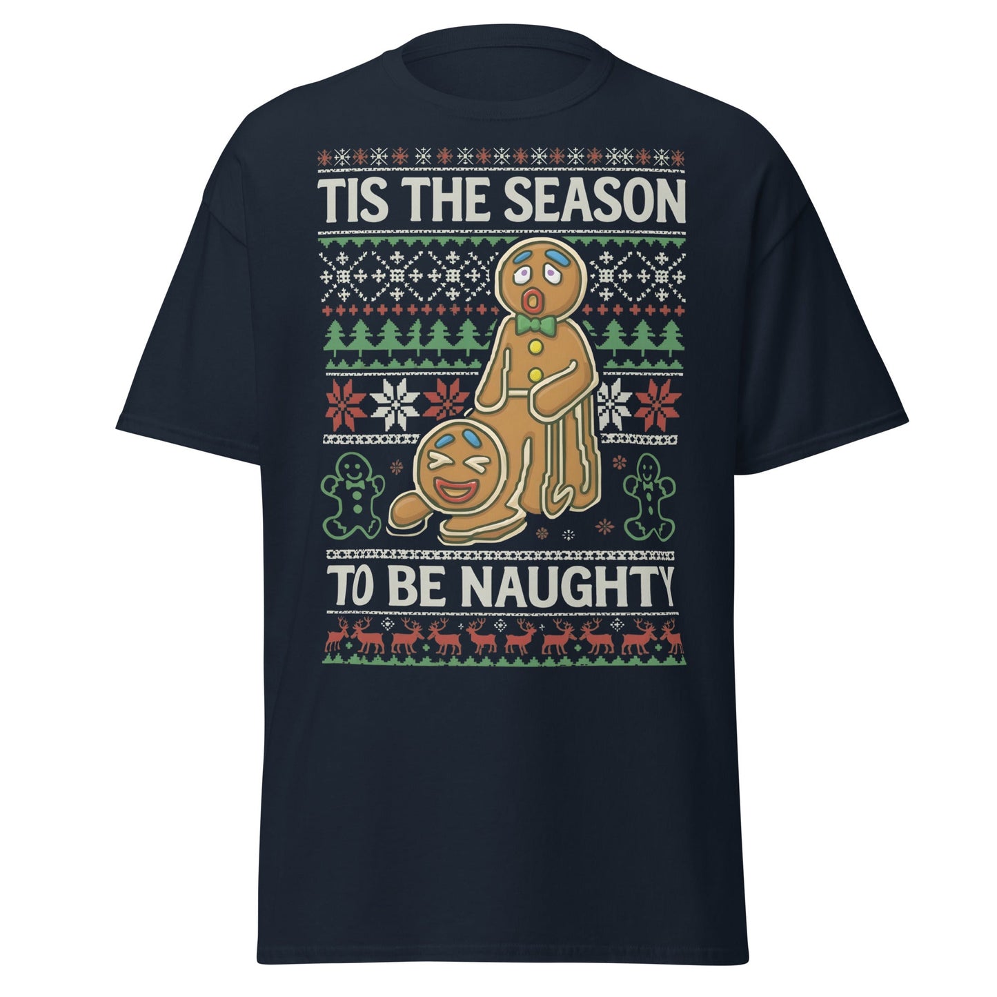 Naughty Gingerbread Men Ugly Christmas Sweater T-Shirt - Navy - T-Shirts Online