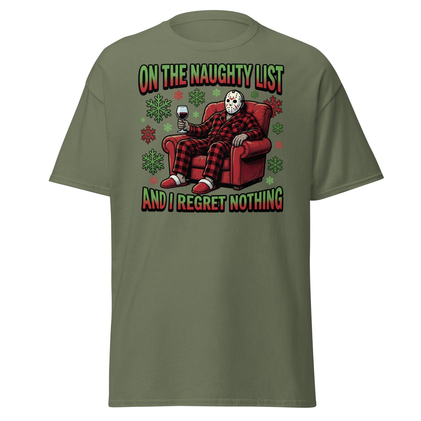 Naughty List Jason Voorhees Christmas T-Shirt - Military Green - T-Shirts Online