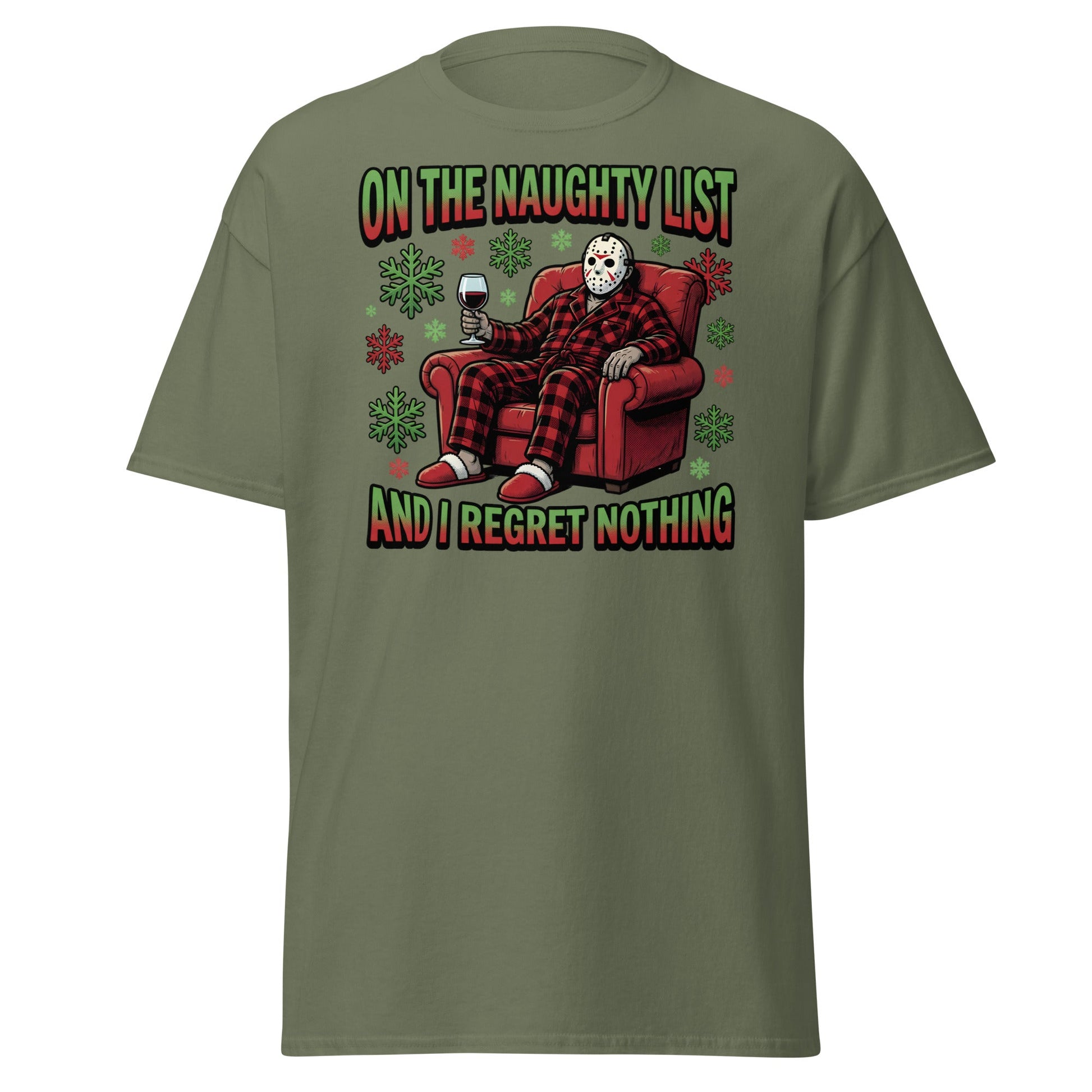 Naughty List Jason Voorhees Christmas T-Shirt - Military Green - T-Shirts Online