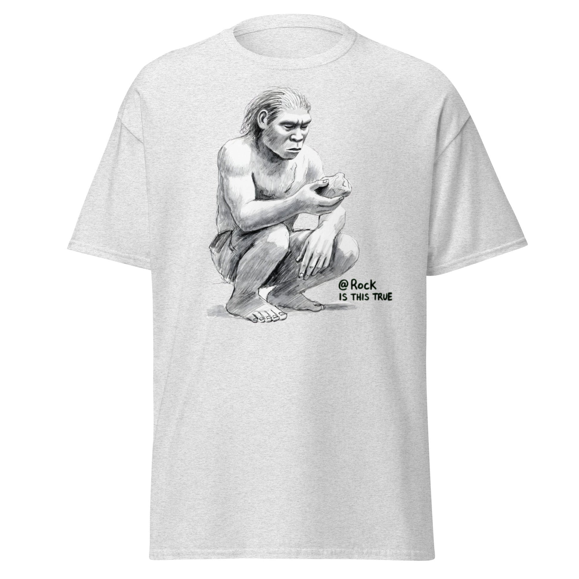 Neanderthal Asks Rock "Is This True?" Grok Parody Tee - Ash - T-Shirts Online