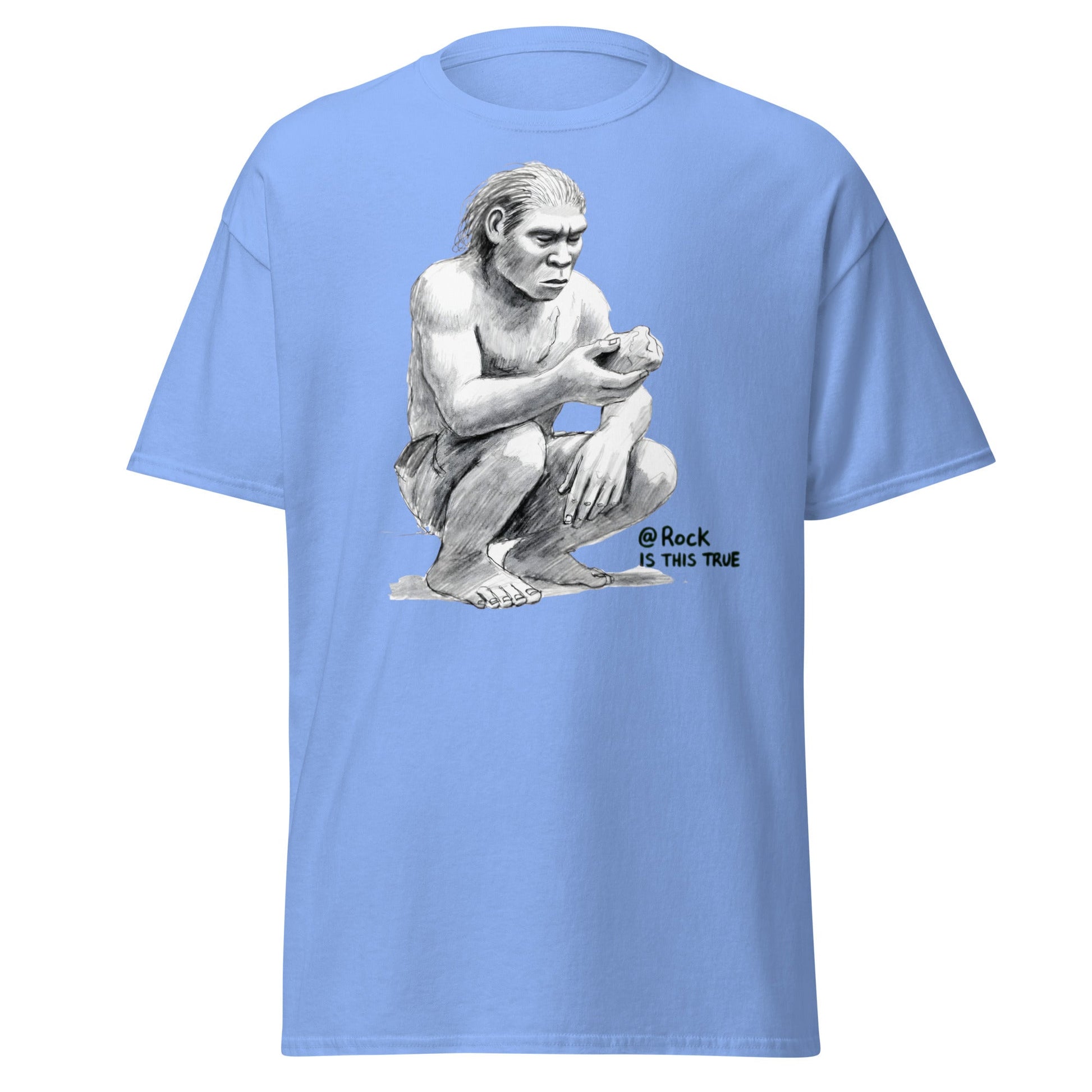 Neanderthal Asks Rock "Is This True?" Grok Parody Tee - Carolina Blue - T-Shirts Online