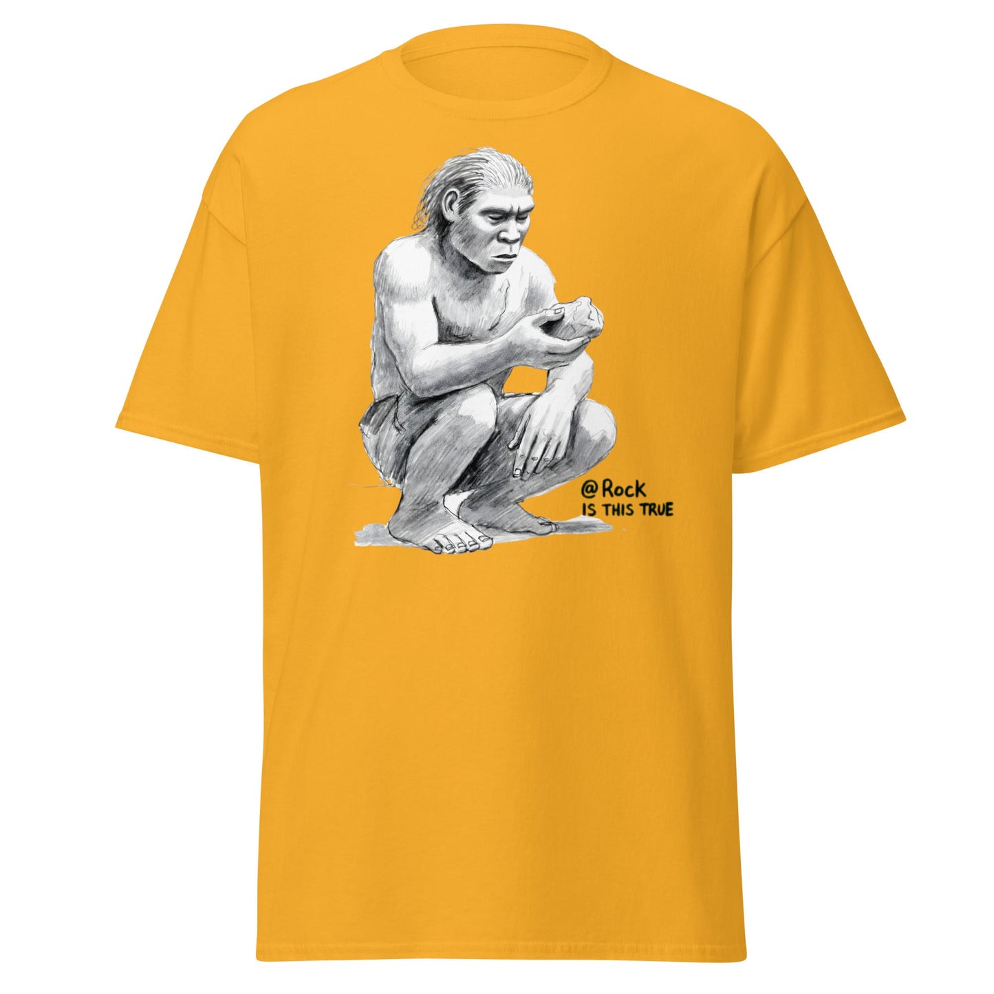 Neanderthal Asks Rock "Is This True?" Grok Parody Tee - Gold - T-Shirts Online