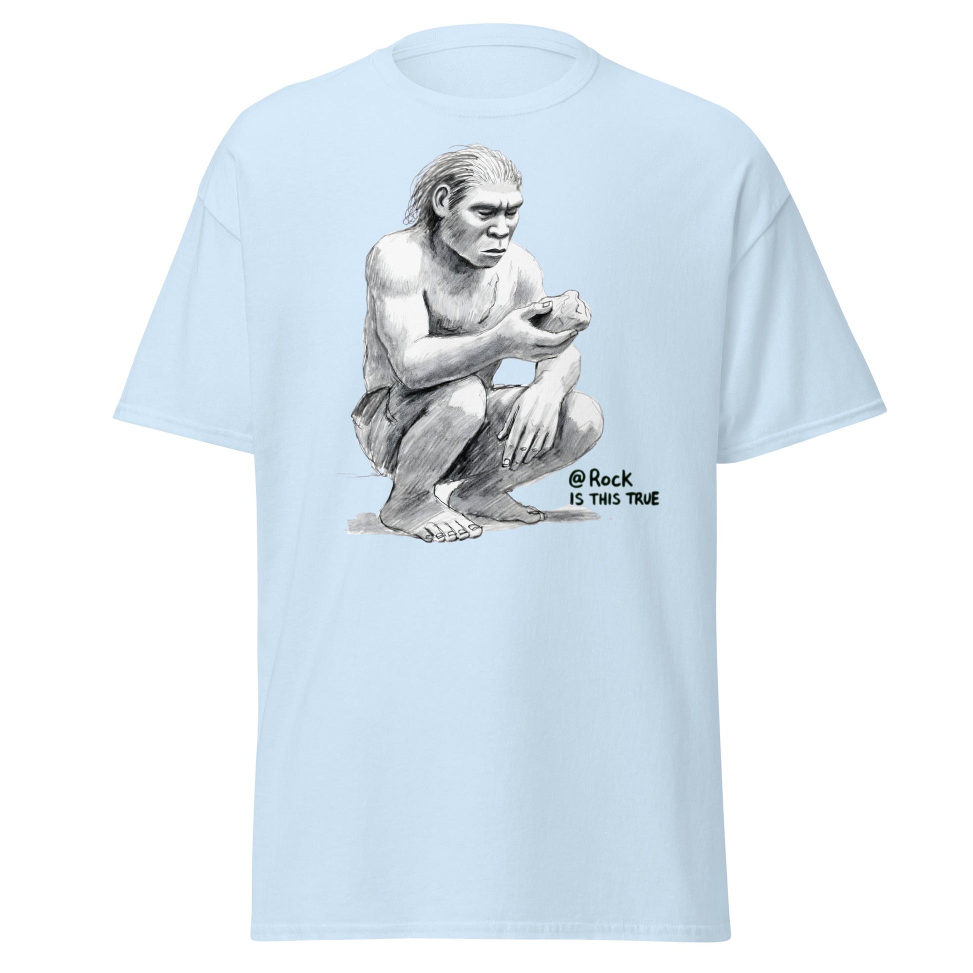 Neanderthal Asks Rock "Is This True?" Grok Parody Tee - Light Blue - T-Shirts Online