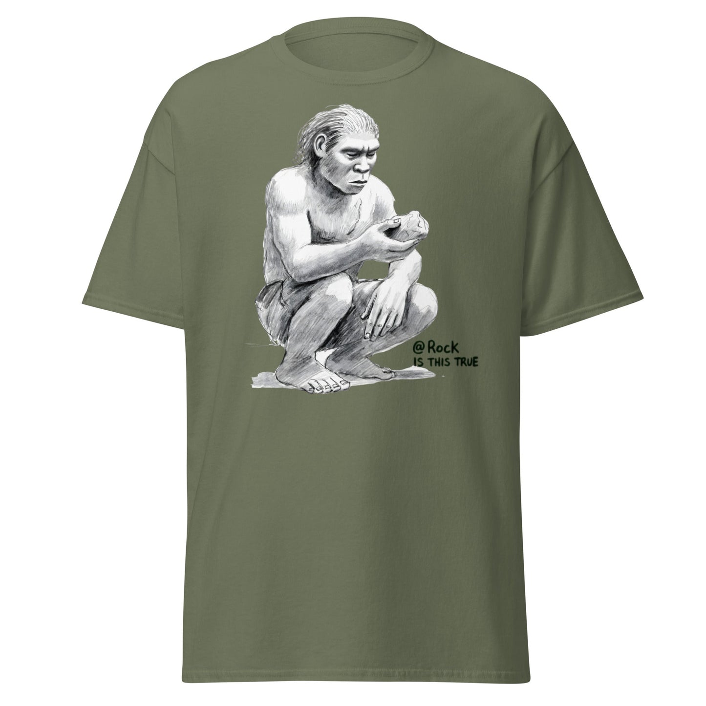 Neanderthal Asks Rock "Is This True?" Grok Parody Tee - Military Green - T-Shirts Online