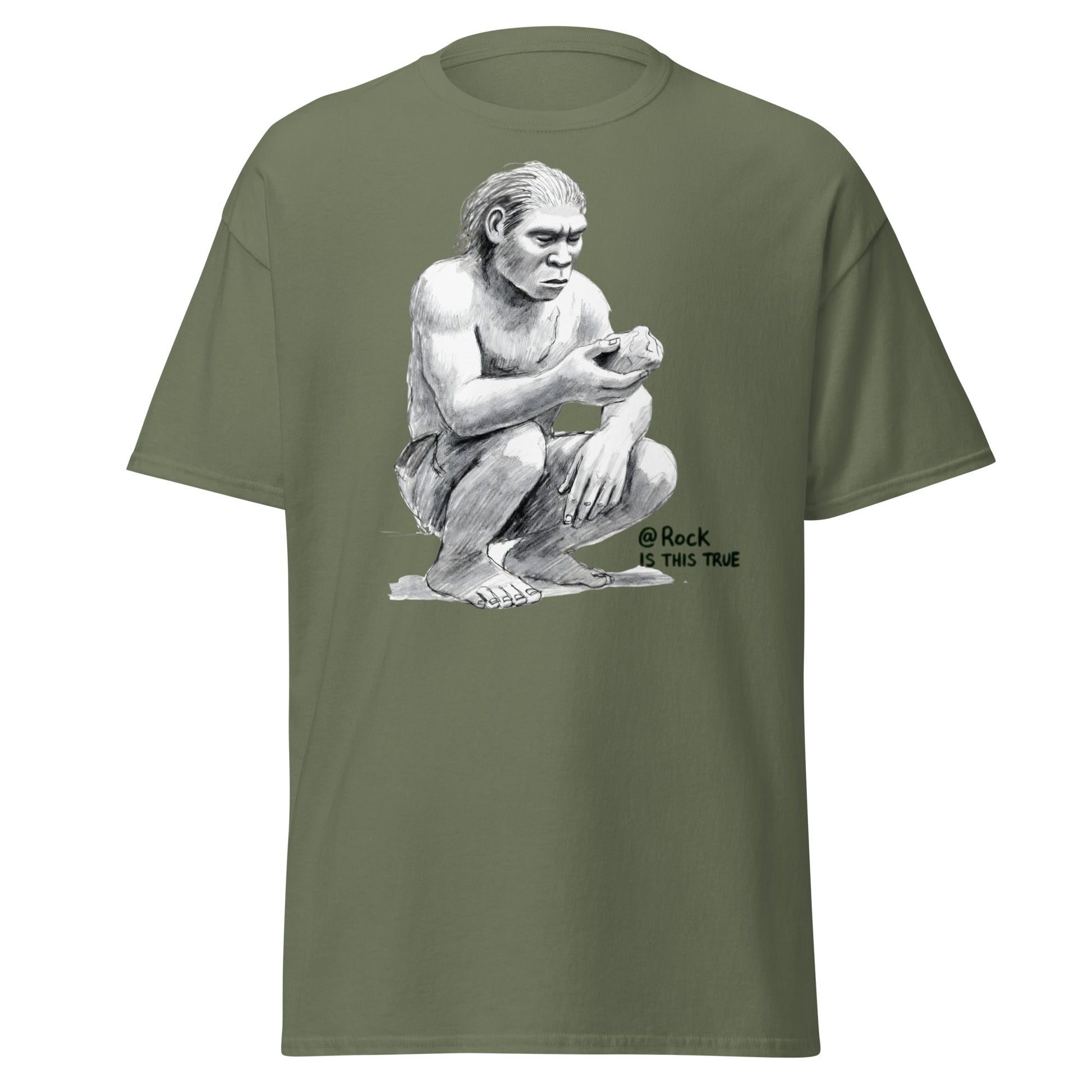 Neanderthal Asks Rock "Is This True?" Grok Parody Tee - Military Green - T-Shirts Online