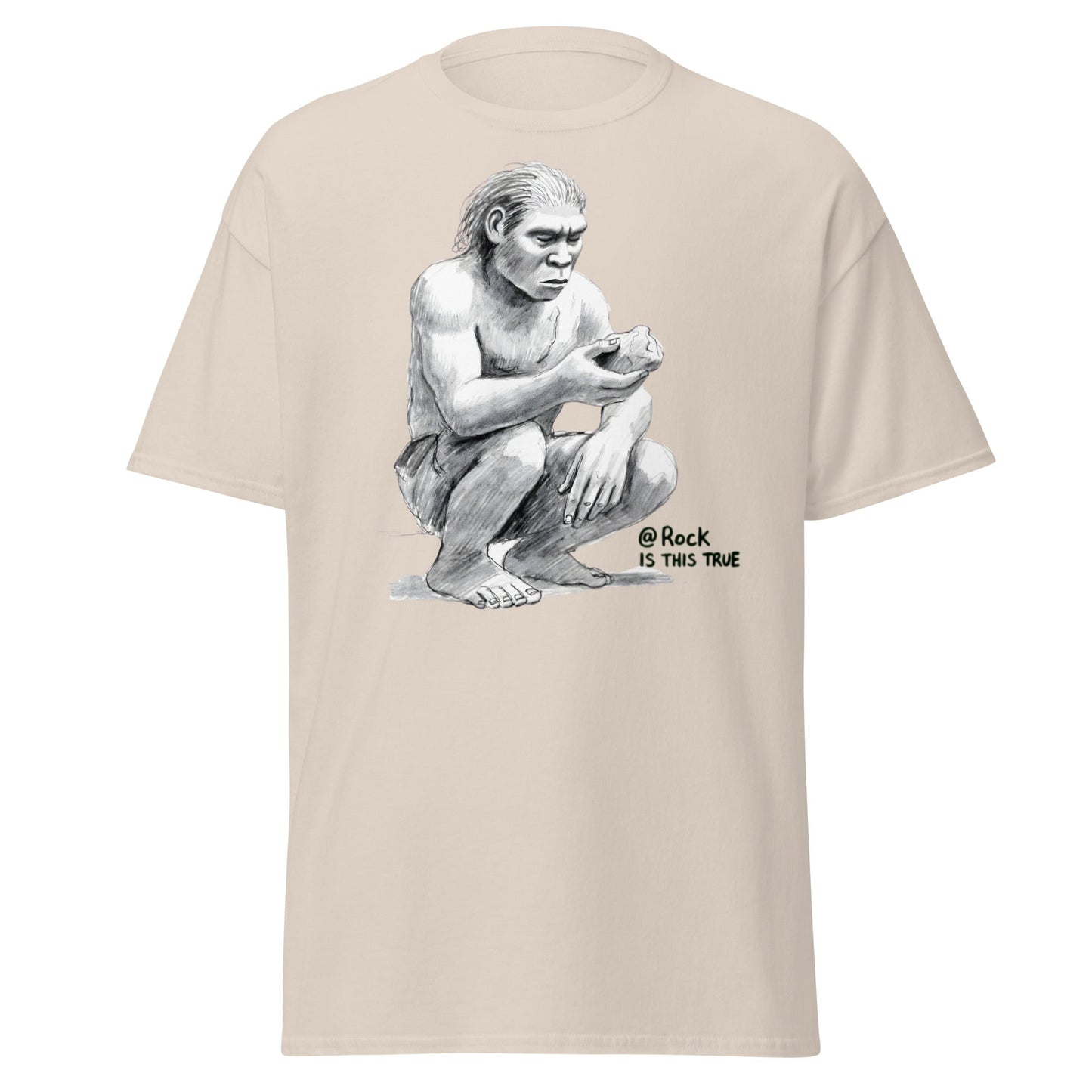 Neanderthal Asks Rock "Is This True?" Grok Parody Tee - Natural - T-Shirts Online