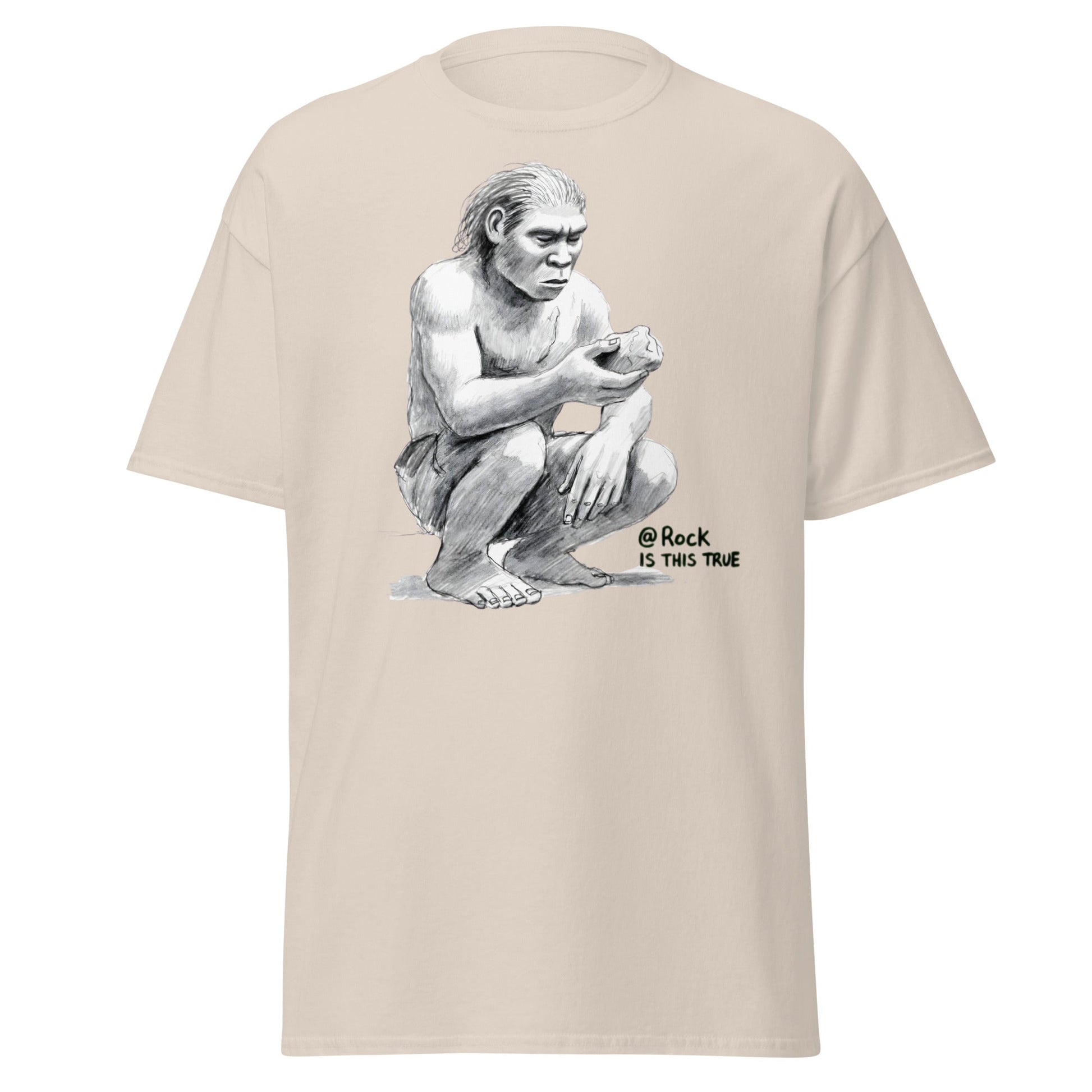Neanderthal Asks Rock "Is This True?" Grok Parody Tee - Natural - T-Shirts Online