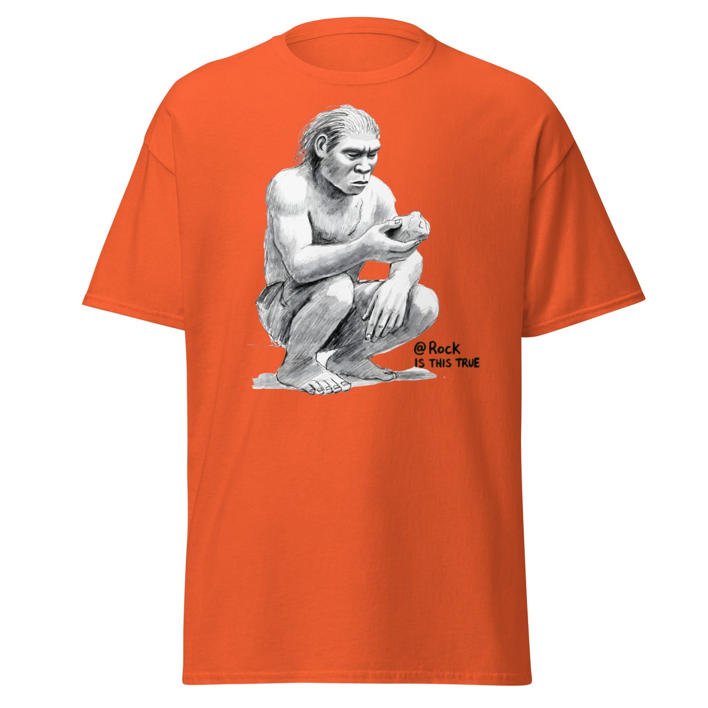 Neanderthal Asks Rock "Is This True?" Grok Parody Tee - Orange - T-Shirts Online