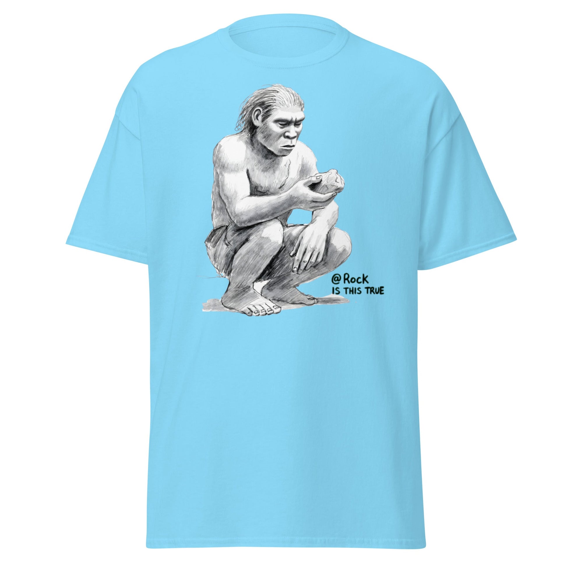 Neanderthal Asks Rock "Is This True?" Grok Parody Tee - Sky - T-Shirts Online