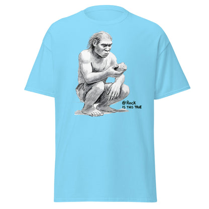 Neanderthal Asks Rock "Is This True?" Grok Parody Tee - Sky - T-Shirts Online