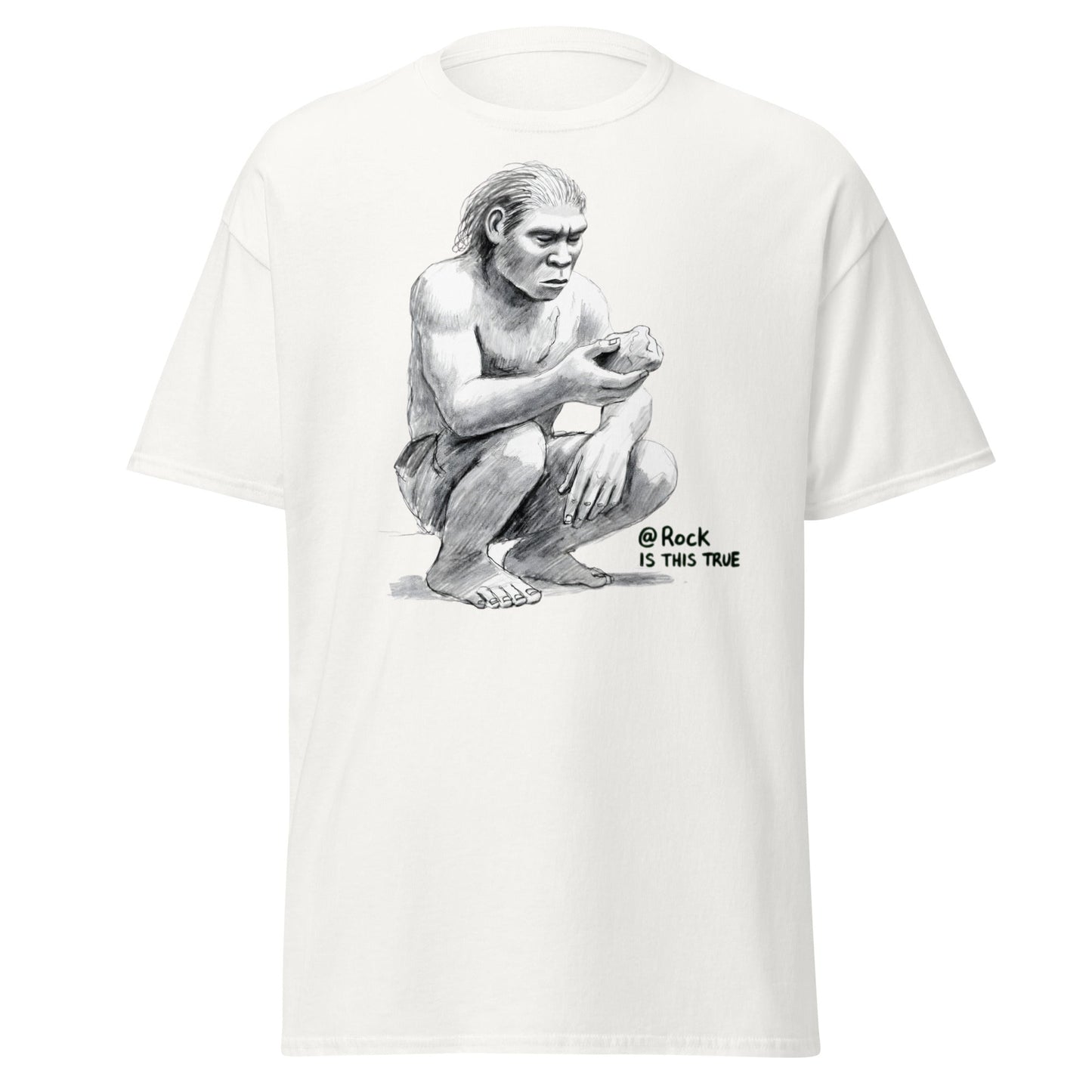 Neanderthal Asks Rock "Is This True?" Grok Parody Tee - White - T-Shirts Online