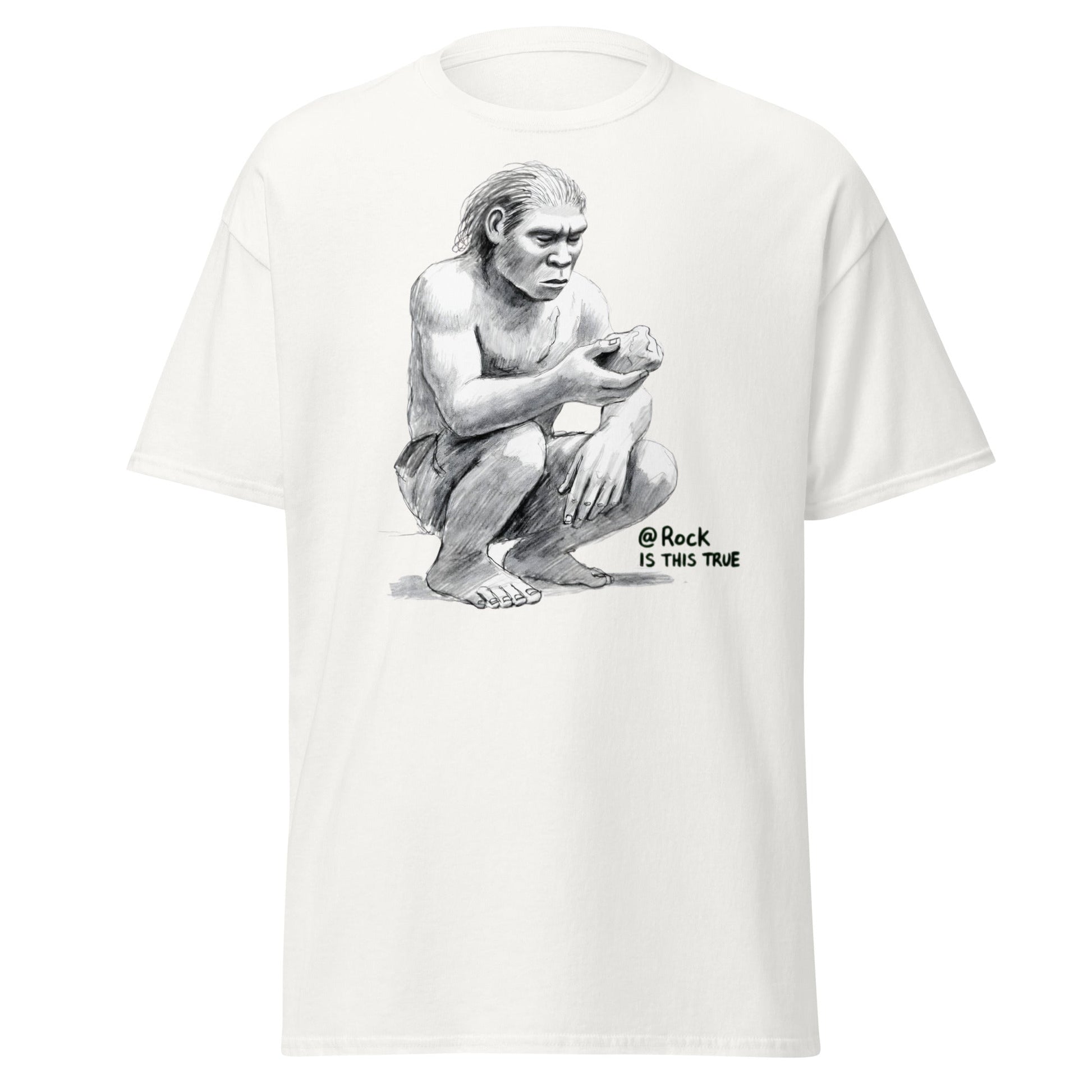 Neanderthal Asks Rock "Is This True?" Grok Parody Tee - White - T-Shirts Online