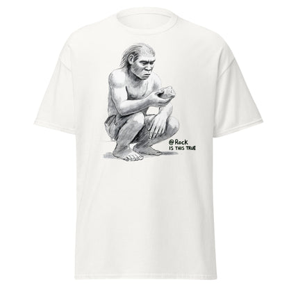Neanderthal Asks Rock "Is This True?" Grok Parody Tee - White - T-Shirts Online