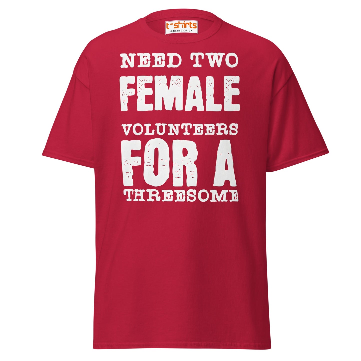 Need Two Female Volunteers T-Shirt – Funny Adult Tee - Cardinal - T-Shirts Online