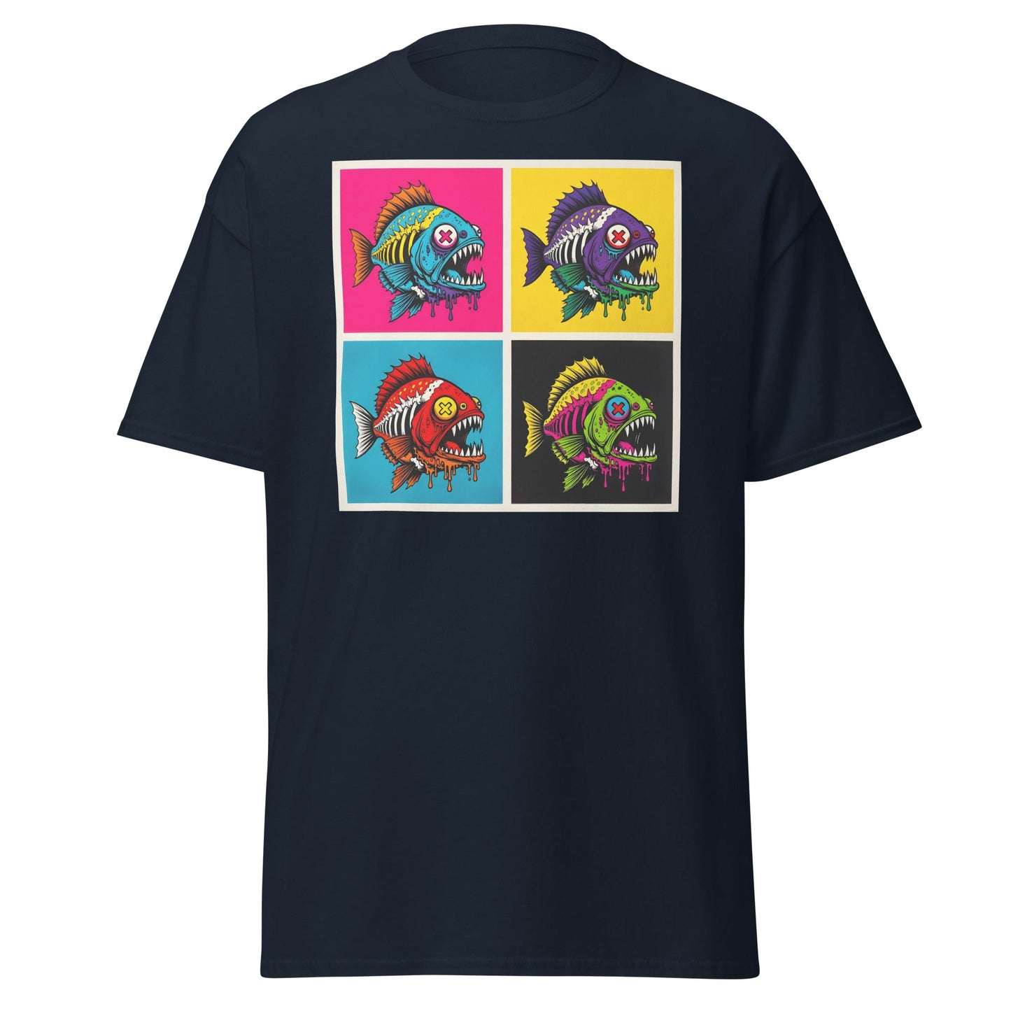Neon Zombie Fish Pop Art T-Shirt | Edgy Undead Streetwear - Navy - T-Shirts Online