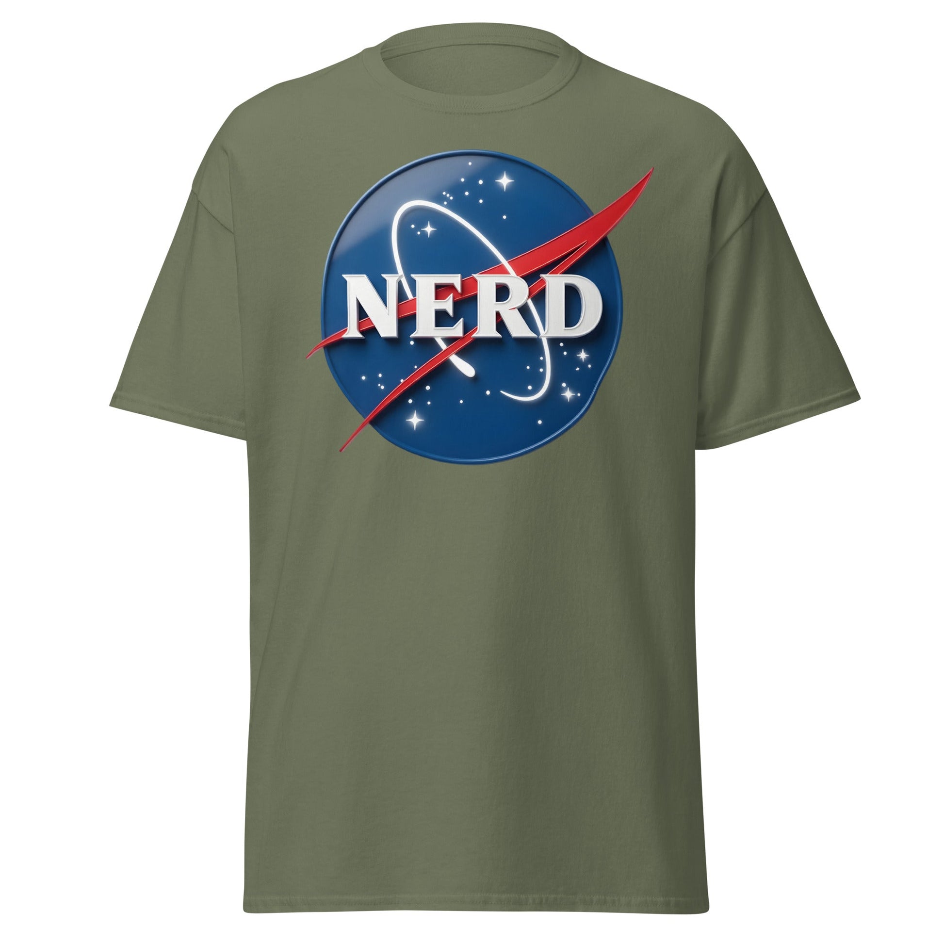 NERD NASA Parody T-Shirt - Shiny Space Geek Graphic Tee - Military Green - T-Shirts Online