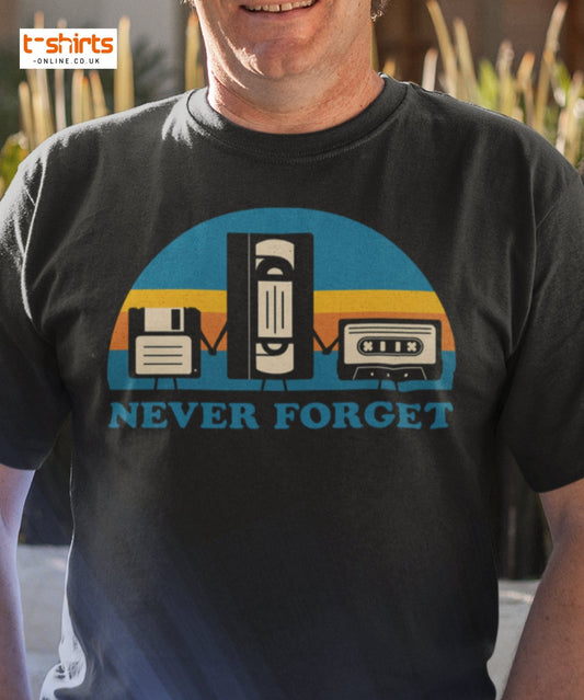 Person wearing a black t-shirt with a graphic design and 'NEVER FORGET' text, with 't-shirts-online.co.uk' branding.