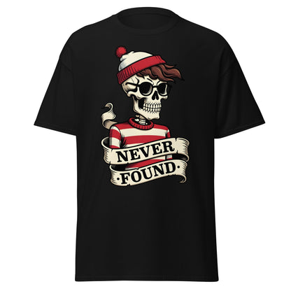 Never Found Skeleton T-Shirt - Funny Waldo Parody Tee - Black - T-Shirts Online