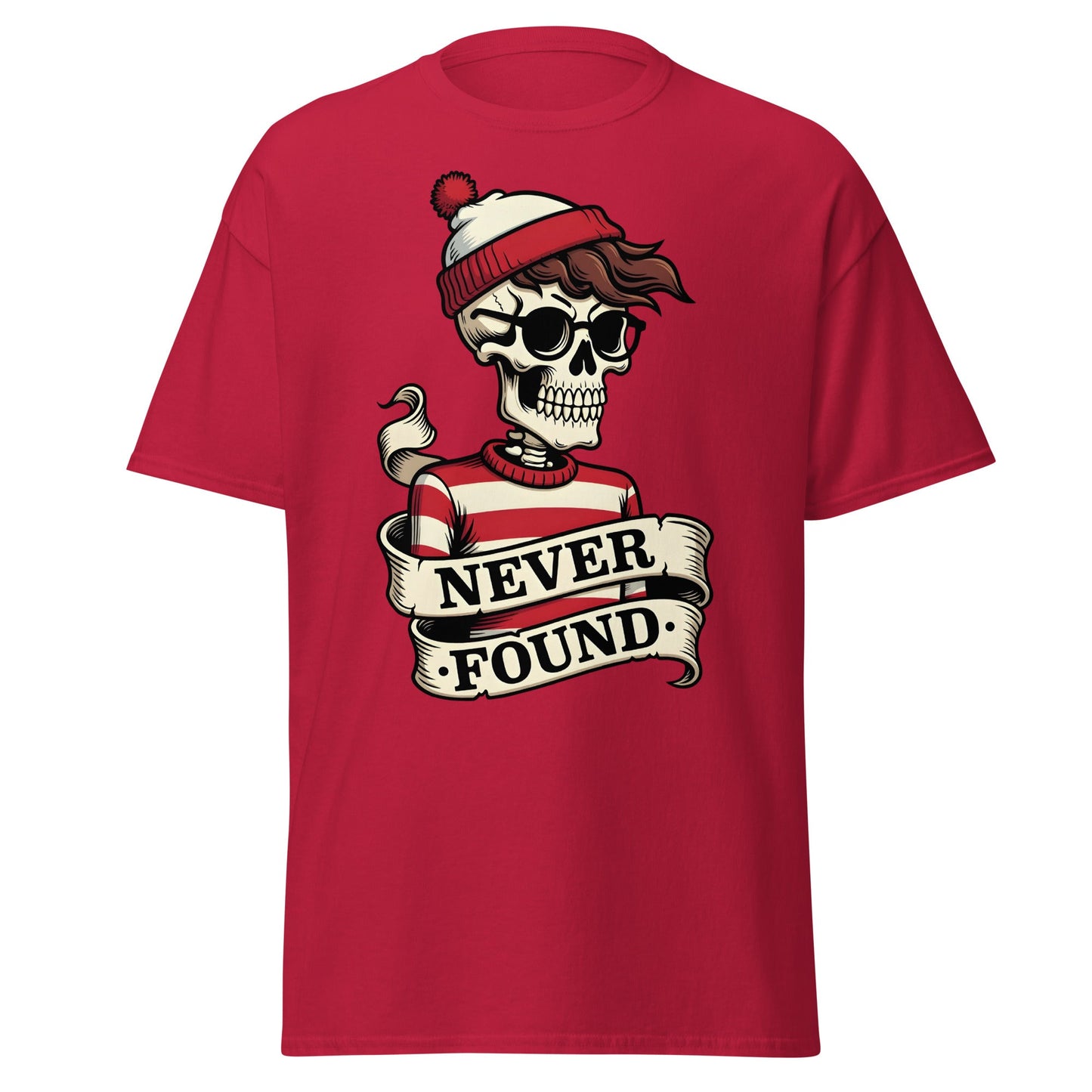 Never Found Skeleton T-Shirt - Funny Waldo Parody Tee - Cardinal - T-Shirts Online